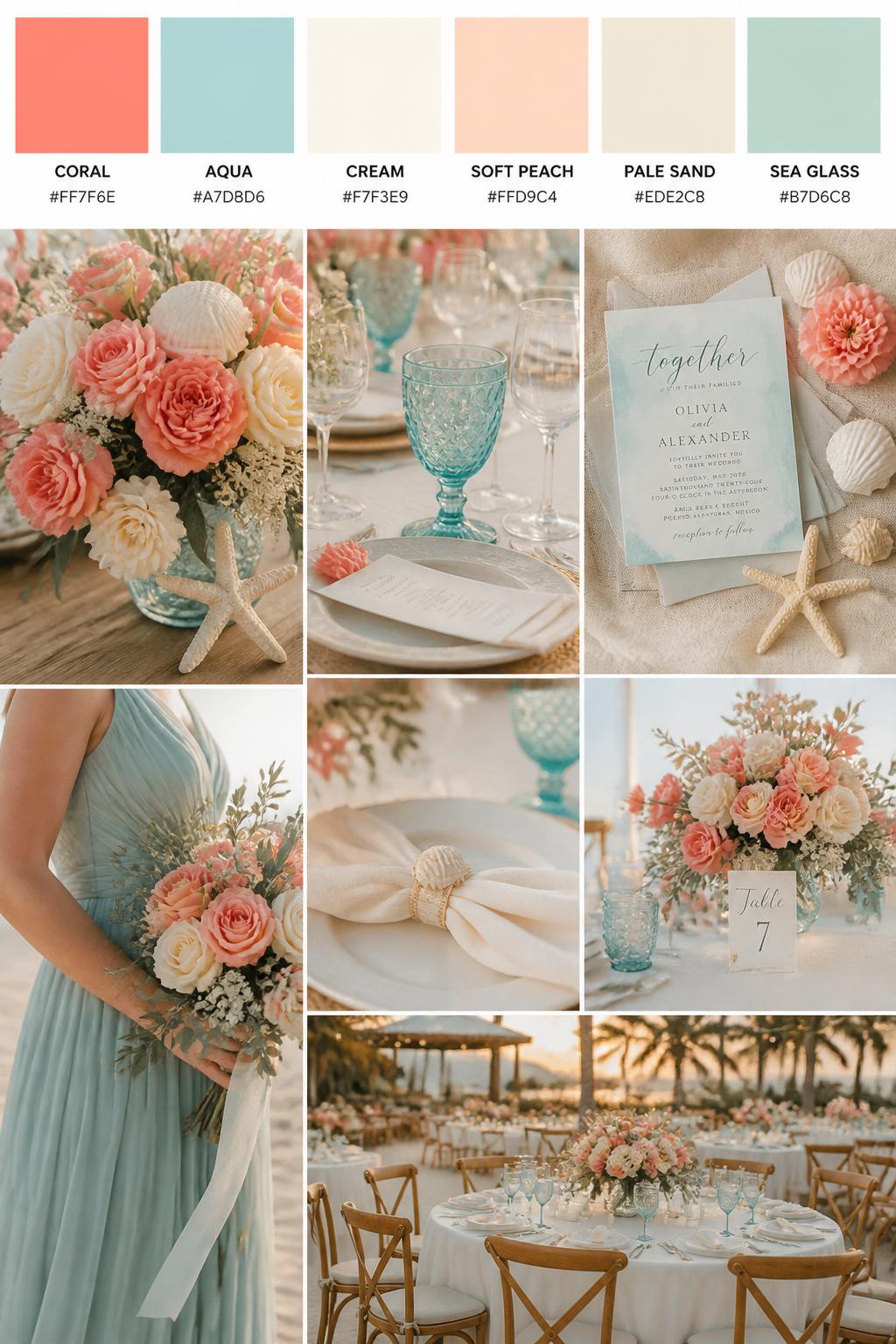 A realistic Pinterest-style beach wedding palette board with a top row of swatches and hex codes in coral, aqua, cream, soft peach, pale sand, and sea glass green. Below the swatches, create a fresh wedding collage with coral flowers, aqua glassware, cream table linens, beachy stationery, shell details, a side-view bouquet shot, a bridesmaid dress detail cropped below the shoulders, and a no-people reception tablescape under warm coastal light. Use varied no-face compositions, including hands-only details, back-view styling, side-view crops, and no-people decor scenes. DSLR photo realism, 9:16 vertical format. (no watermarks on images)