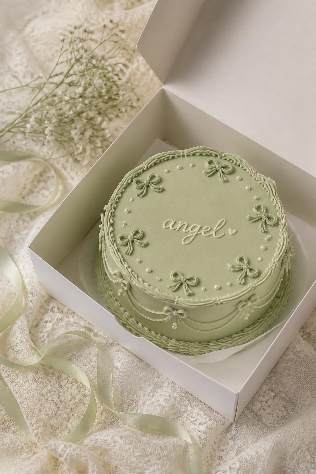 Image Prompt:
A coquette inspired green ribbon bento cake in an open white cake box, pale sage frosting, tiny ribbon bow details, pearl accents, delicate scalloped border, handwritten icing text reading “angel,” soft lace inspired styling, editorial bakery photography, no people, no hands, no faces, no watermarks on images
