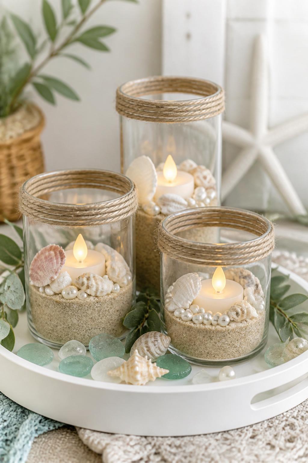 Detailed Image Prompt:
A soft coastal craft photo showing Dollar Tree glass candle holders filled with sand, small shells, faux pearls, and battery candles, wrapped with twine around the rim, styled on a white tray with summer greenery and sea glass accents, calm beach-inspired decor look, no people, no faces, no readable text, no watermark on images.