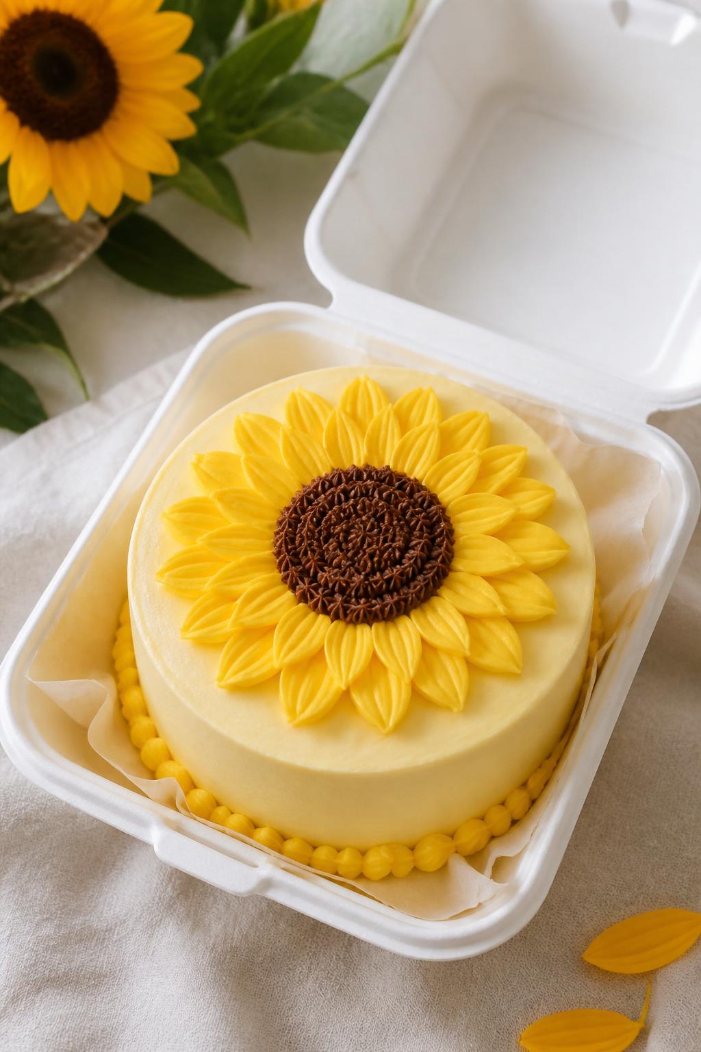 Image Prompt:
A bright sunflower themed bento cake inside an open white bento box, smooth pale yellow frosting, large sunflower design centered on top with yellow buttercream petals and a rich brown center, neat piped border, cheerful summer dessert styling, bright natural light, realistic editorial bakery photography, no people, no hands, no faces, no watermarks on images