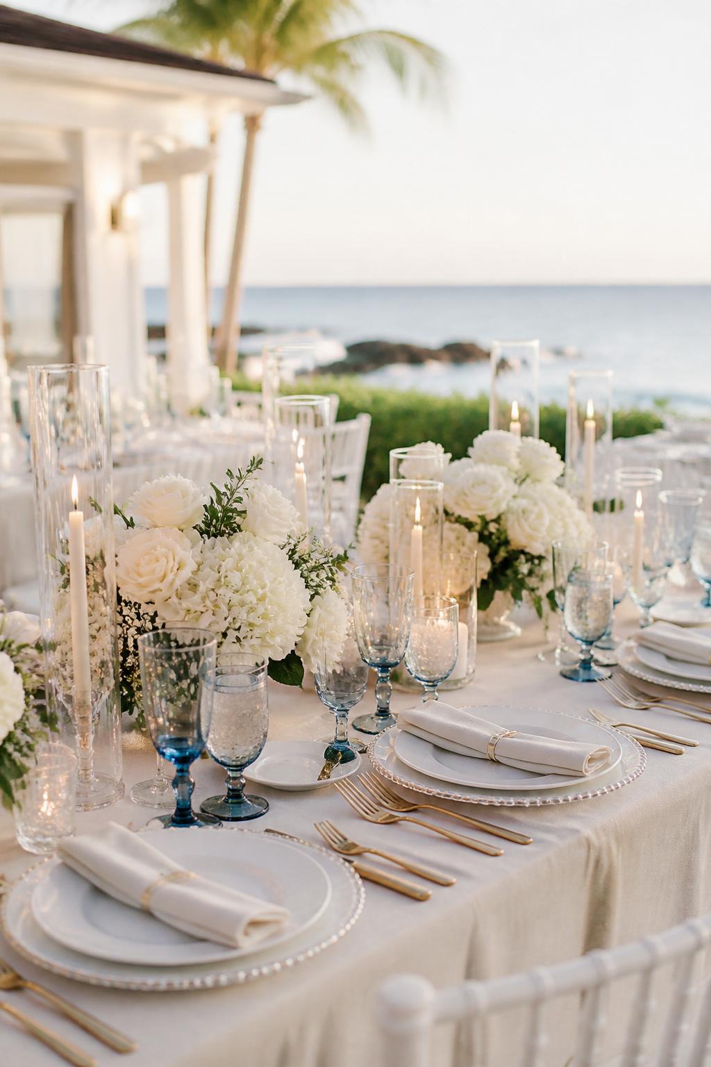 Image Prompt:
A beautiful coastal wedding table photo featuring white floral centerpieces, blue-tinted glassware, ivory linen, white plates, polished silver or gold flatware, soft candlelight, and clear glass candle holders. Beach house or seaside resort reception setting, no visible faces, no text, no watermark, realistic editorial wedding photography, (no watermarks on images)