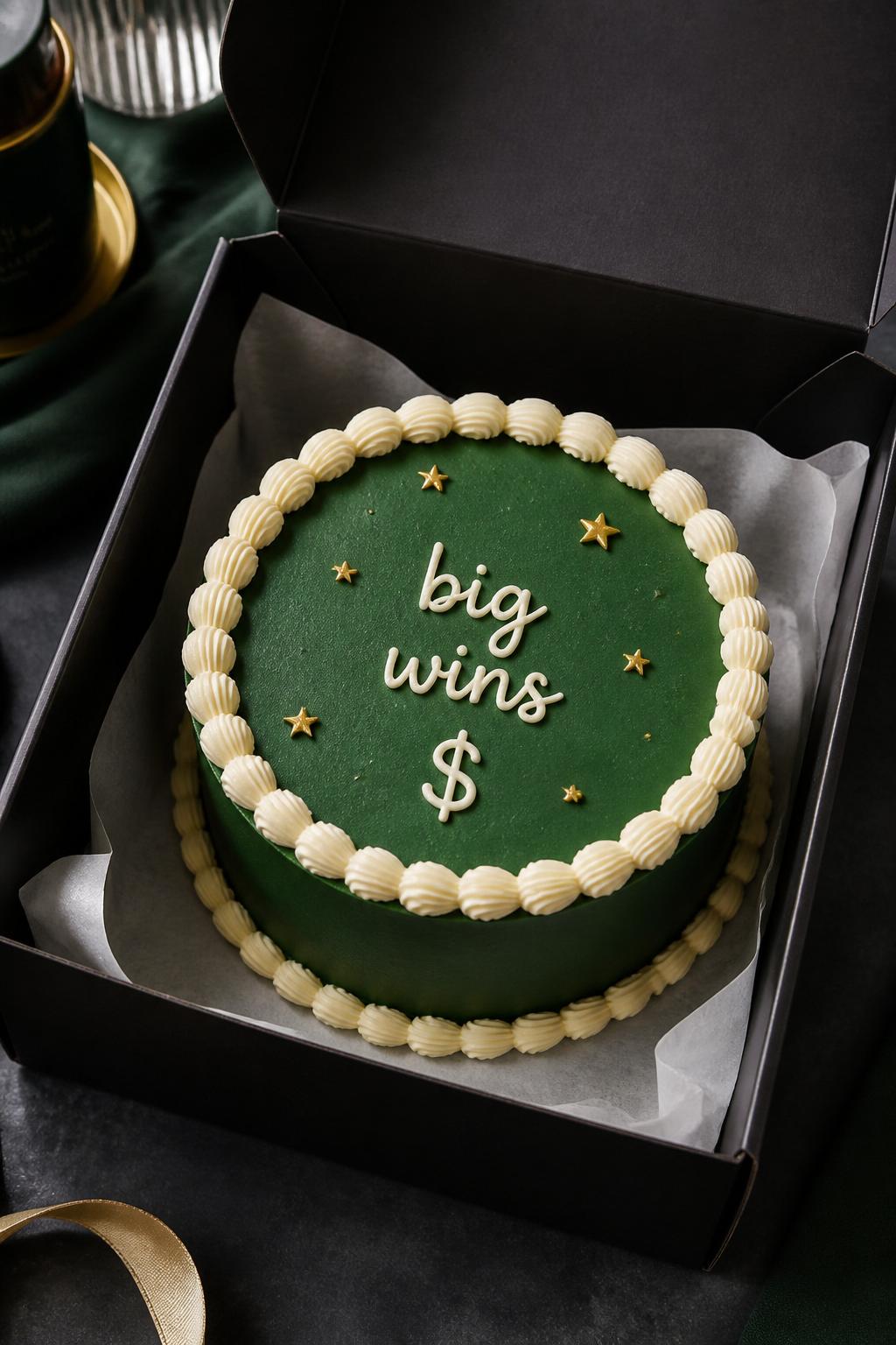 Image Prompt:
A success themed bento cake for men in an open black bento cake box, smooth dark green frosting, small icing dollar sign and gold star details, short handwritten text reading “big wins,” neat cream piped border, modern celebration styling, realistic editorial bakery photography, no real money, no people, no hands, no faces, no watermarks on images