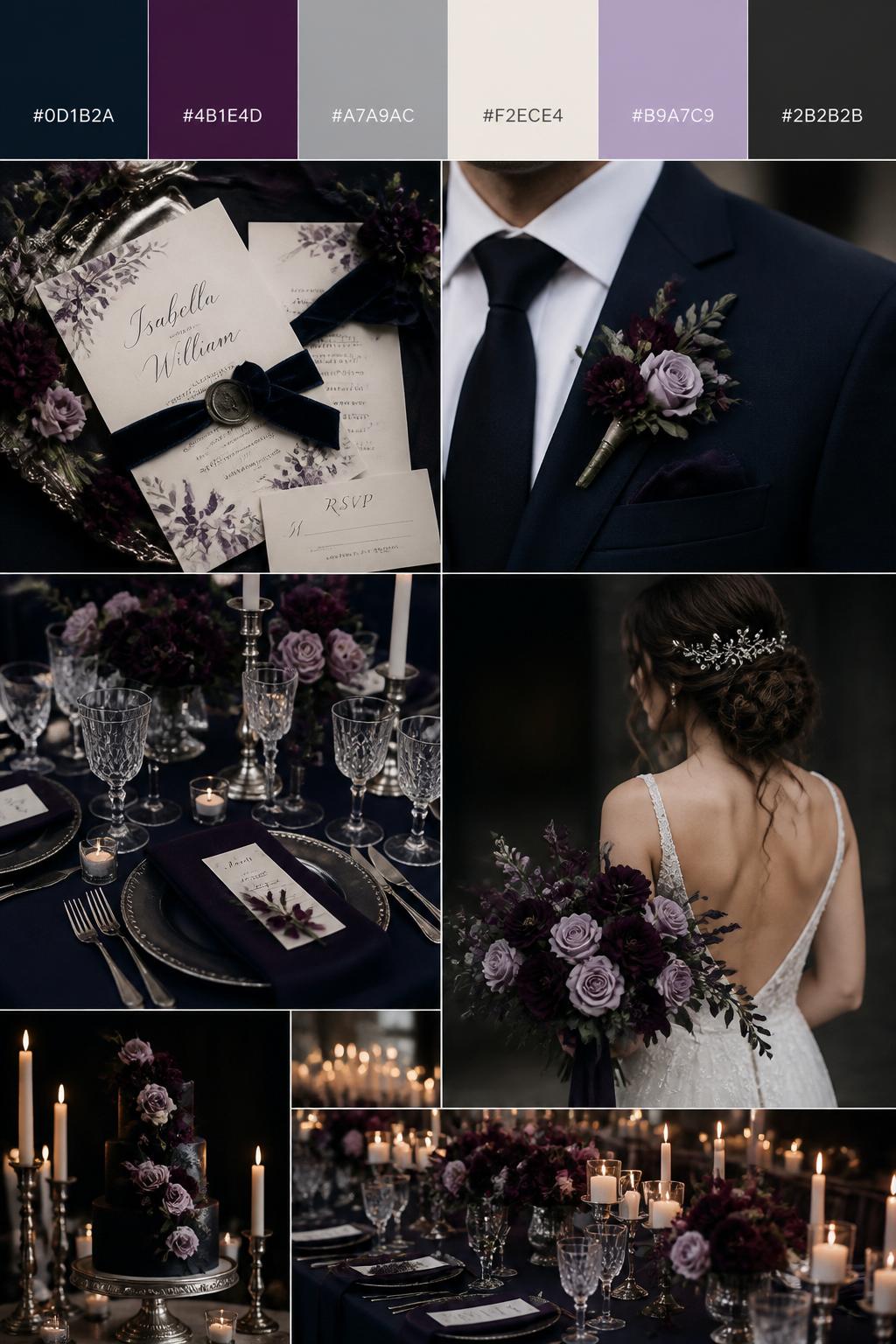 A dark romantic wedding mood board with a top row of palette swatches and hex codes in midnight blue, deep plum, silver gray, ivory, soft lilac, and charcoal. Below the strip, show realistic wedding details: midnight blue table styling, plum flowers, silver candle holders, ivory stationery, dark velvet ribbon, a groom suit close-up cropped below the face, a bride holding a bouquet from the back with no face visible, and a moody reception table with soft candlelight. The mood should feel cute, elegant, cool-toned, and romantic with DSLR photo realism. 9:16 vertical format. Avoid all full-face shots. (no watermarks on images)