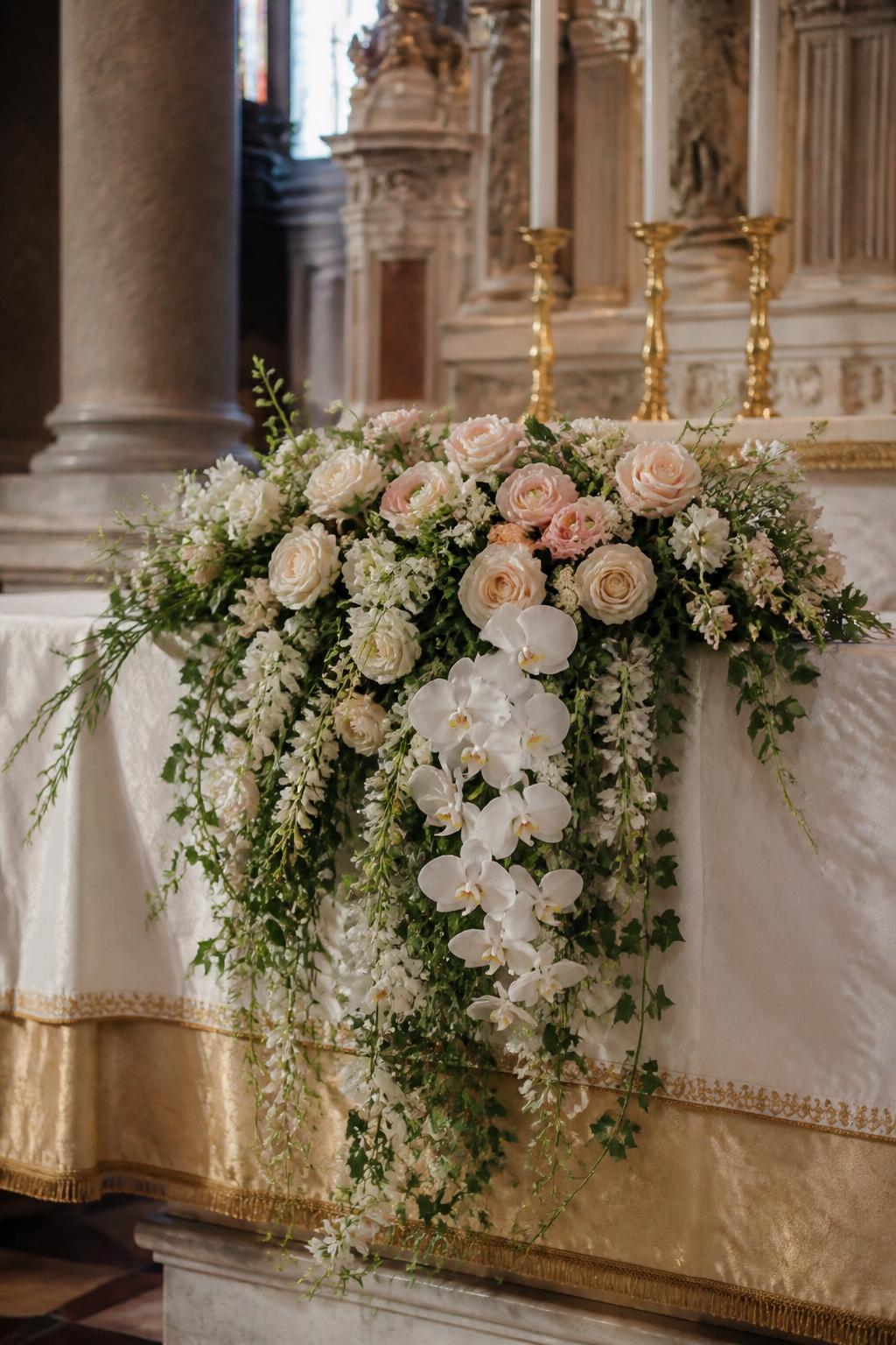 Image Prompt:
A church altar decorated with a cascading floral arrangement flowing gently over the front edge, using white orchids, cream roses, blush ranunculus, soft greenery, trailing ivy, and delicate filler flowers, elegant altar cloth, warm candlelight, carved church details, no people, no faces, luxurious but respectful floral styling, realistic DSLR-style photography, no text, no watermark.