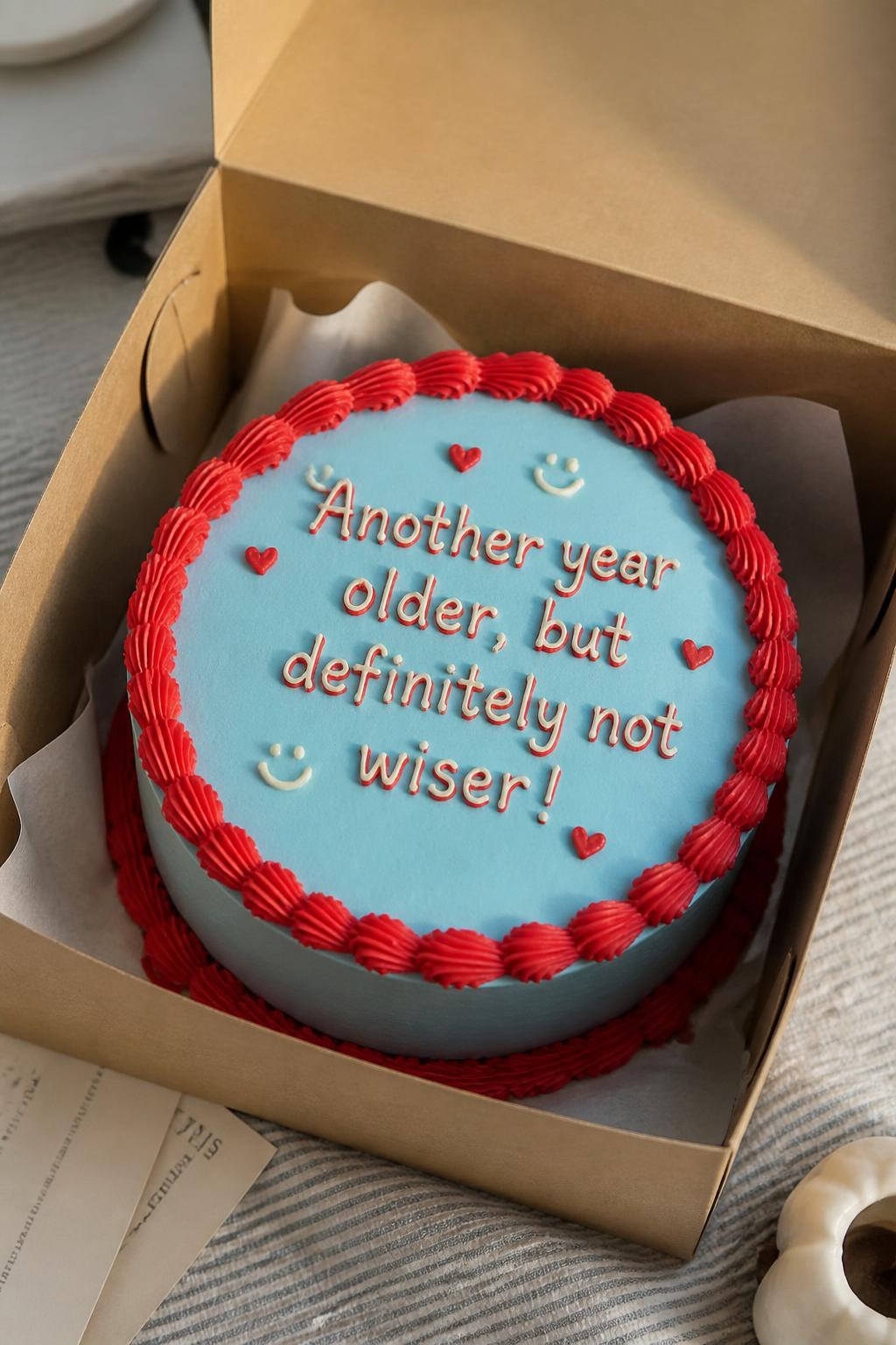 Image Prompt:
A playful bento birthday cake inside a kraft cake box, pale blue frosting, red piped border, handwritten icing text with a funny birthday phrase, tiny smiley doodles and hearts, casual fun styling, soft daylight, realistic bakery photo, no people, no hands, no faces, no watermarks on images
