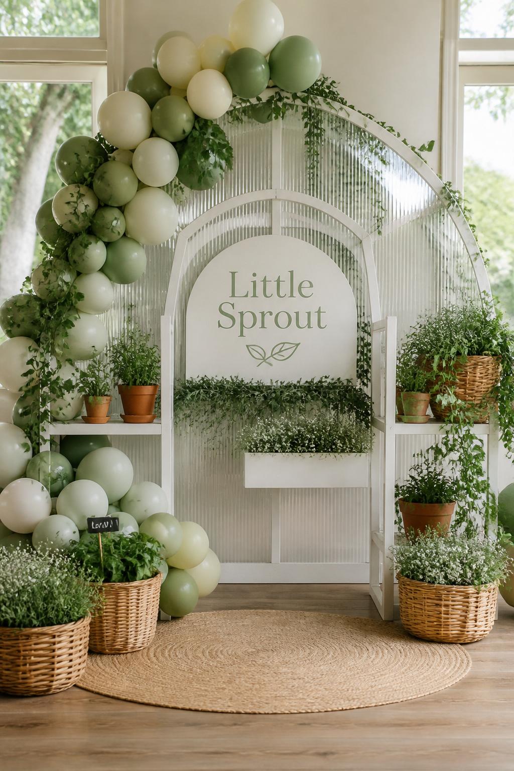 Image Prompt:
A realistic single-image baby shower photo backdrop inspired by a small greenhouse, white arched frame covered with clear acrylic-style panels, soft green vines, potted herbs, tiny terracotta pots, cream balloons, sage green balloons, and a sign that reads “Little Sprout” in simple elegant lettering, baskets of baby plants arranged at the base, bright airy garden room setting, no people, no faces, natural daylight, editorial decor photography, realistic plants and textures, no watermarks on images