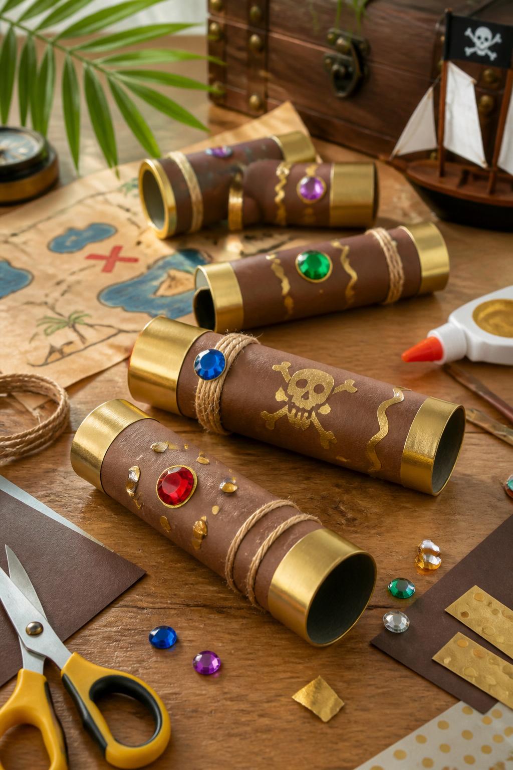 Detailed Image Prompt:
A playful editorial-style kids’ craft photo showing handmade pirate spyglasses made from cardboard tubes, wrapped in brown paper with gold paper bands, faux gem stickers, twine, and painted details, arranged on a wooden craft table with glue, scissors, paper scraps, and a small treasure map nearby, sunny summer adventure theme, no children, no faces, no readable text, no watermark on images.