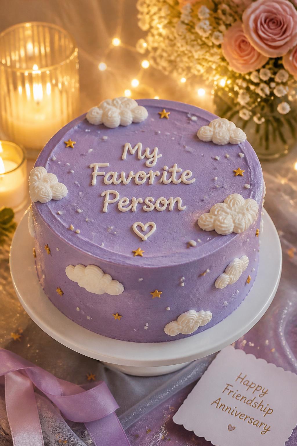 Image Prompt: A cute friendship anniversary cake with smooth lavender buttercream, tiny gold stars, white piped clouds, pearl dots, and a sweet “My Favorite Person” style message on top. Style it on a cozy dessert table with candles, fairy lights, ribbons, and pastel flowers. Make it magical, cute, and realistic, no people, no faces, no watermark. (no watermarks on images)