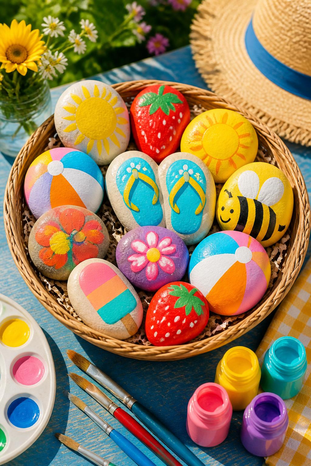 Detailed Image Prompt:
A playful summer craft photo showing painted rocks decorated with first-day-of-summer icons, smooth stones painted as suns, strawberries, beach balls, flip-flops, flowers, bees, and popsicles, arranged in a shallow basket with paintbrushes and acrylic paints nearby, sunny outdoor craft table, bright seasonal styling, no people, no faces, no readable text, no watermark on images.