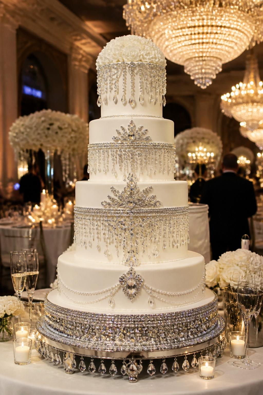 Image Prompt: Ultra-realistic wedding reception image of a chandelier-inspired bling wedding cake with white tiers, hanging crystal-style details, sparkling trim, and a glamorous luxury finish. Place the cake in a grand ballroom wedding party scene with chandeliers overhead, glowing candles, floral centerpieces, and elegant decor. Keep the cake as the hero of the image. No visible faces. If any people appear, use only distant back views, cropped figures, or hands near the table. Show realistic crystal reflections, rich reception atmosphere, and polished cake details. Wedding editorial style, ultra-detailed, realistic and beautiful. (no watermarks on images)