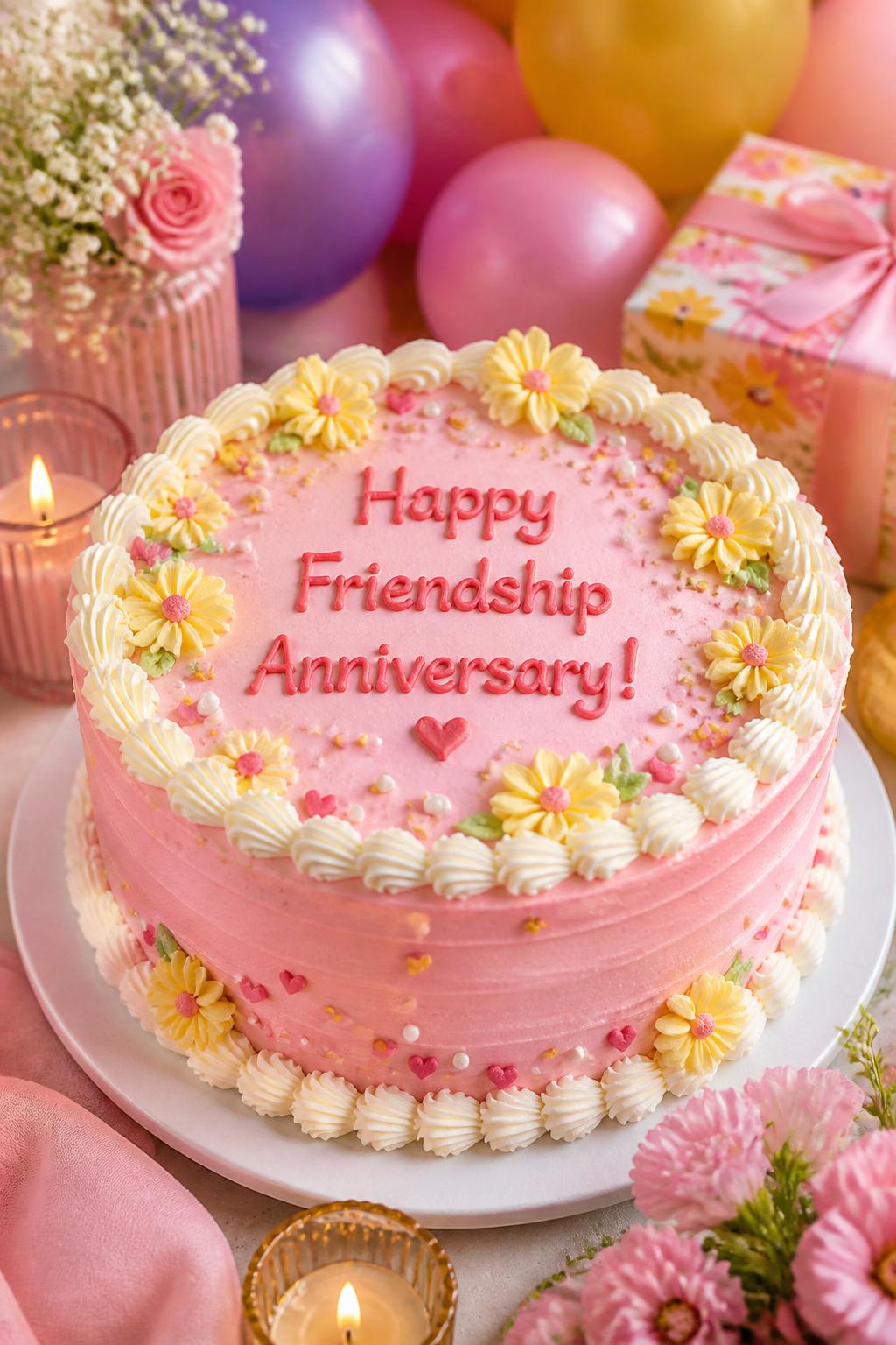 Image Prompt: A cheerful friendship anniversary cake with smooth pink buttercream, yellow piped flowers, white borders, tiny heart sprinkles, and a playful friendship message on top. Style it on a bright dessert table with pastel balloons blurred in the background, candles, flowers, and colorful gift wrap. Make it realistic, joyful, and polished, no people, no faces, no text overlay, no watermark. (no watermarks on images)