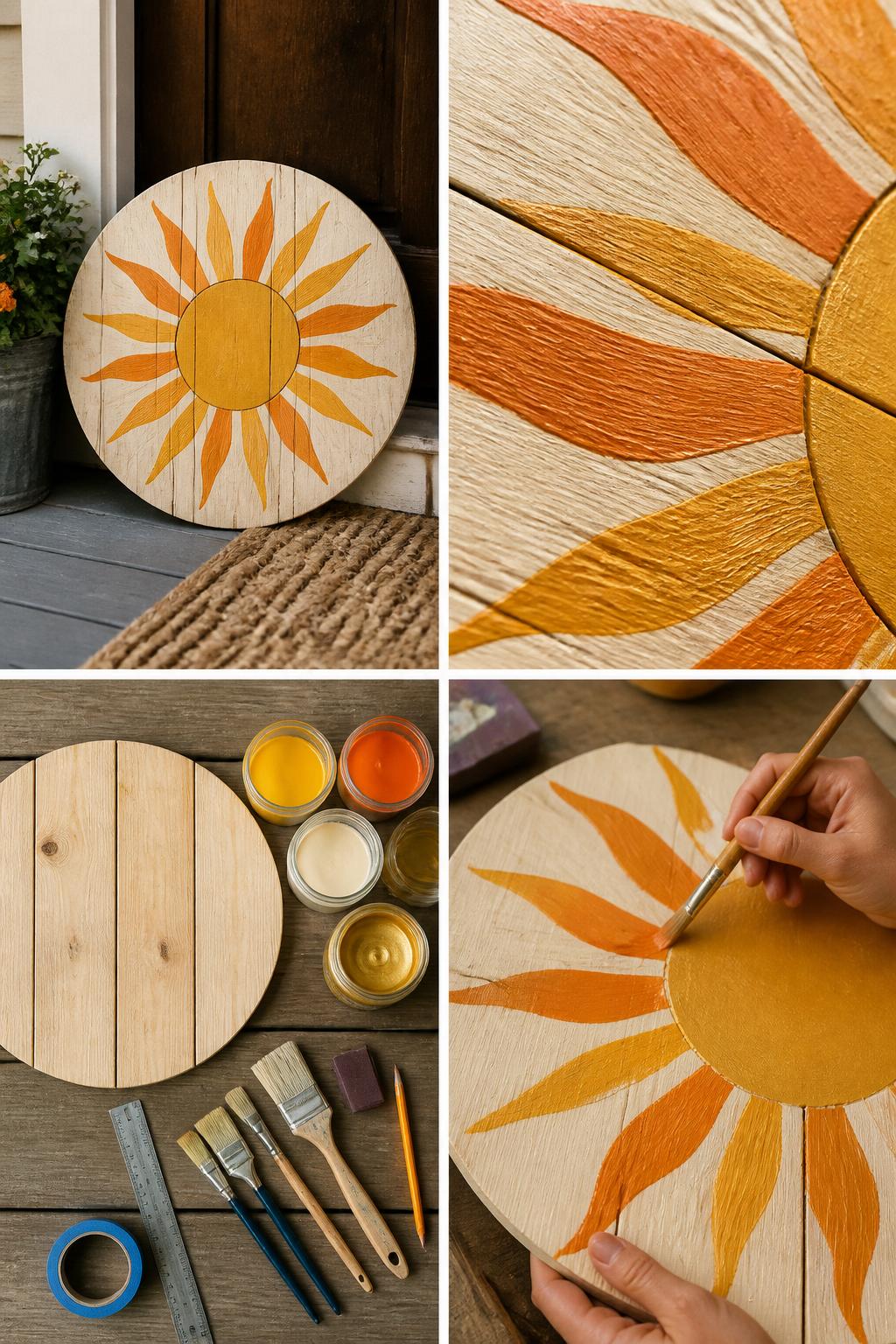 Detailed Image Prompt:
A realistic editorial 2x2 collage grid showing a DIY wood plank sun summer sign, top-left finished round or square wooden sign with a painted golden sun and orange rays leaning beside a front door, top-right close-up of sun ray brush texture and wood grain, bottom-left flat lay of wood plank, yellow, orange, cream, and gold paint, brushes, ruler, pencil, painter’s tape, sandpaper, and clear sealer, bottom-right cropped hands painting sun rays outward from a circle, warm summer porch craft setting, no faces, no text, no watermark on images.