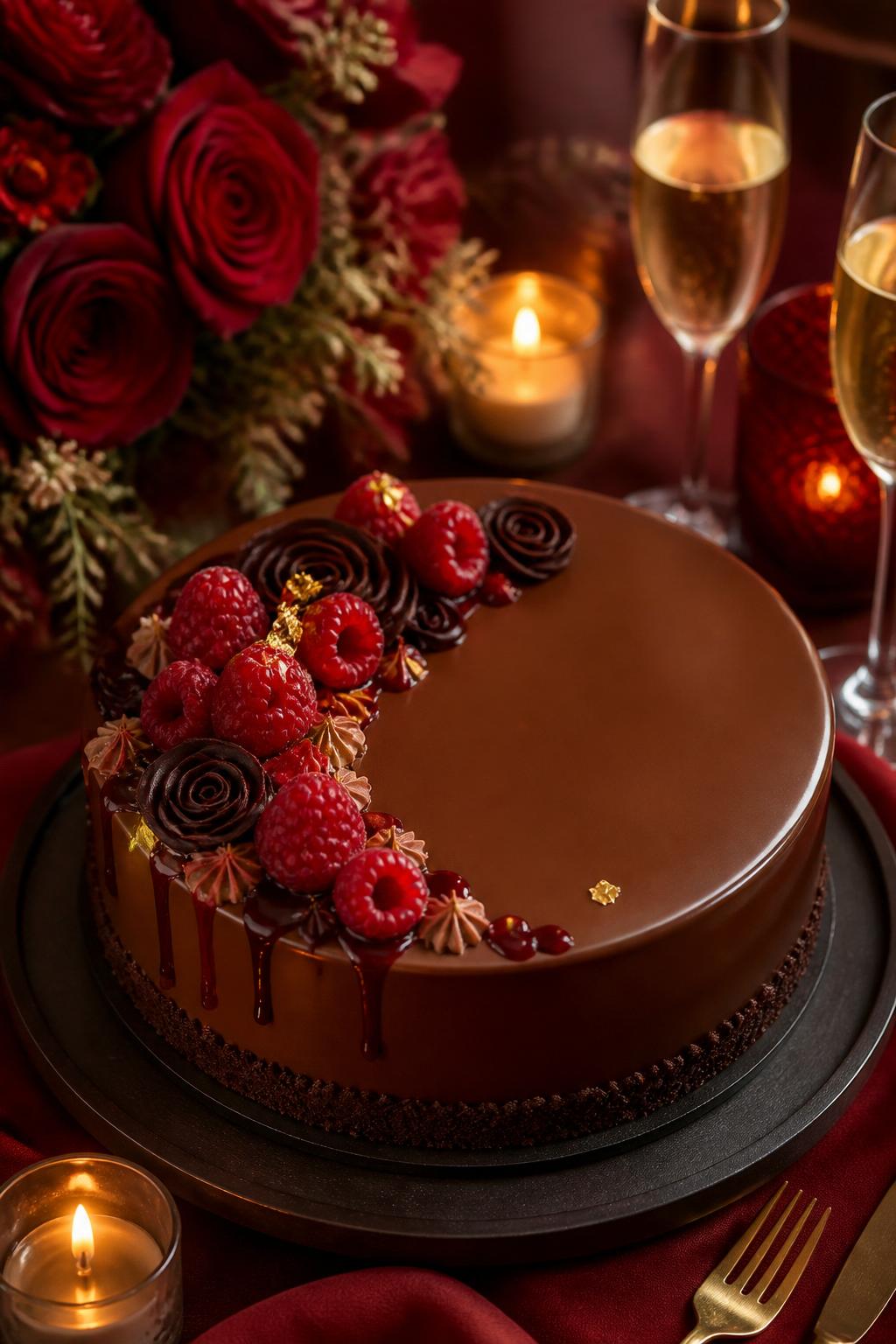 Image Prompt: A romantic chocolate anniversary cake with smooth chocolate ganache, fresh raspberries, raspberry sauce detail, cream piping, tiny gold accents, and soft red flowers nearby. Style it on a warm dessert table with candles, champagne glasses, and deep red linen. Make it rich, romantic, and realistic, no people, no faces, no text overlay, no watermark. (no watermarks on images)