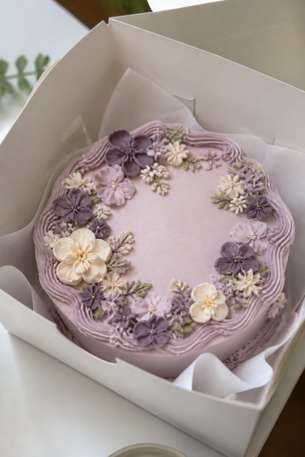 Image Prompt:
A delicate purple floral bento cake inside a white open cake box, smooth blush lavender frosting, tiny buttercream flowers in purple, white, and cream tones, elegant piped border, fresh romantic bakery styling, soft natural light, realistic close-up dessert photography, no people, no hands, no faces, (no watermarks on images)