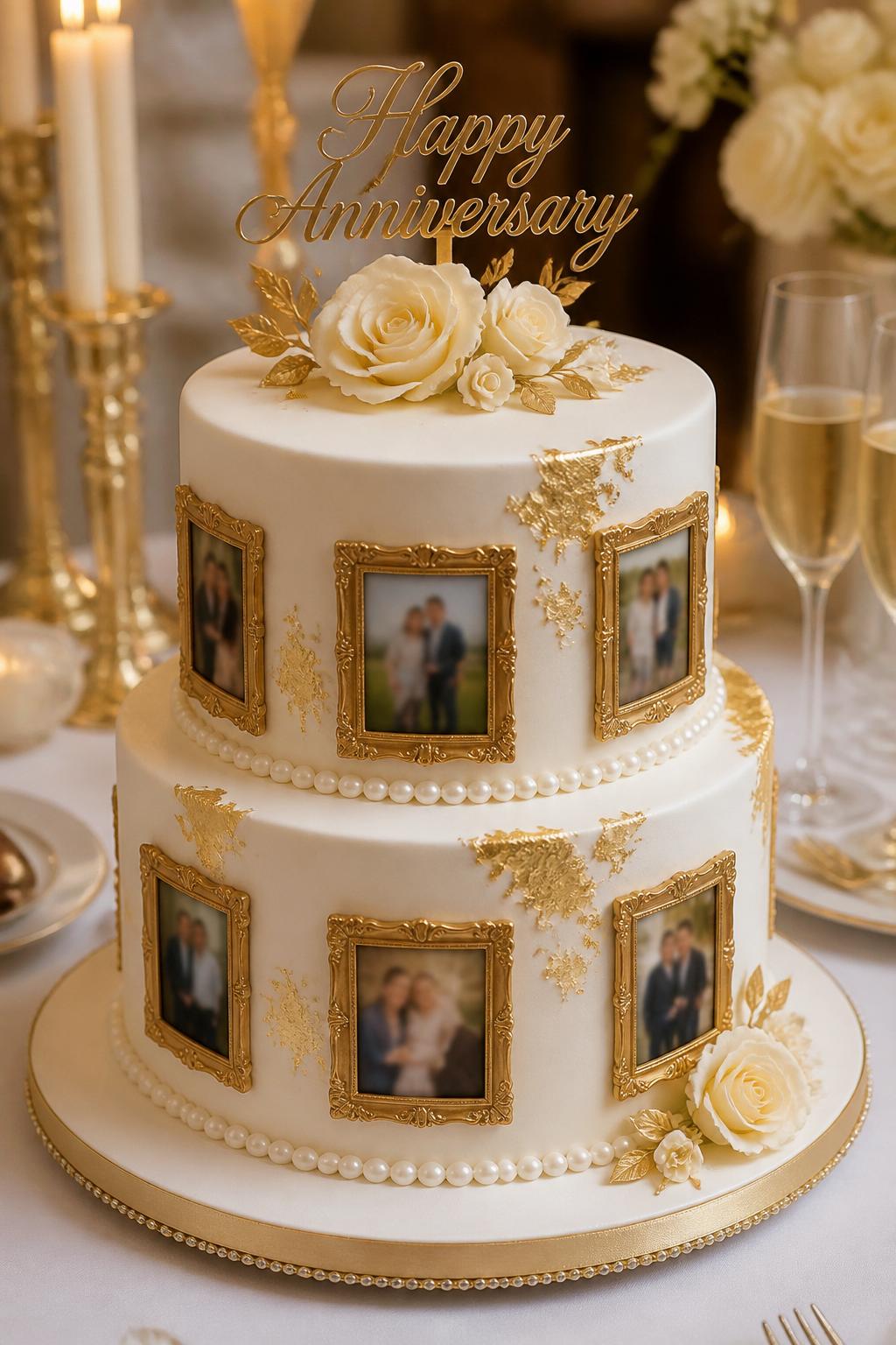 Image Prompt: A luxury anniversary cake with smooth white fondant, edible gold photo frames placed neatly around the sides, soft gold leaf accents, cream sugar roses, pearl borders, and a refined anniversary topper. Style it on a formal dessert table with gold candle holders, champagne glasses, and white linen. Make all photos softly blurred with no clear visible faces, realistic and polished, no people, no faces, no watermark. (no watermarks on images)