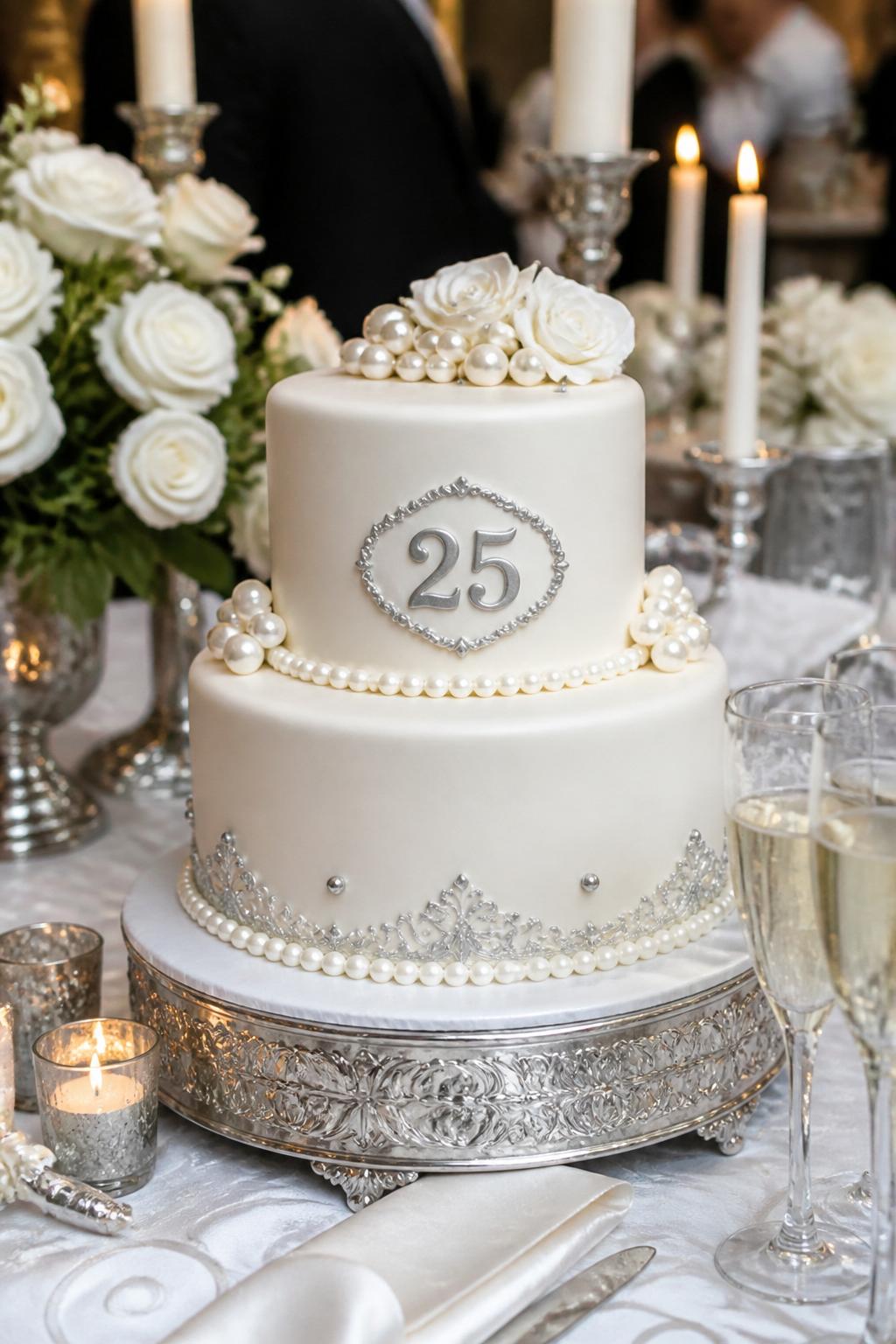 Image Prompt: Ultra-realistic 25th wedding anniversary celebration photo of a pearl and silver anniversary cake with smooth ivory tiers, delicate pearl borders, pearl clusters, subtle silver trim, and a refined number "25" detail. Style the cake on an elegant dessert table with white roses, candles, silver candle holders, champagne flutes, fine linens, and a softly blurred anniversary party background. No visible faces. If people appear, show only cropped hands, side views, back views, or neck-down figures. Realistic pearl shine, smooth icing texture, soft silver accents, warm DSLR event lighting. (no watermarks on images)