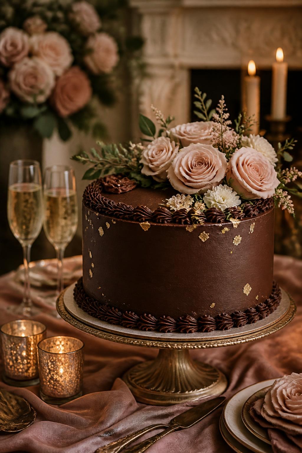 Image Prompt: A refined dark chocolate anniversary cake with smooth dark chocolate buttercream, blush roses, cream flowers, soft greenery, gold leaf accents, and delicate piped borders. Style it on an elegant cake stand with candles, champagne glasses, warm linen, and a romantic indoor background. Make it rich, graceful, and realistic, no people, no faces, no text overlay, no watermark. (no watermarks on images)