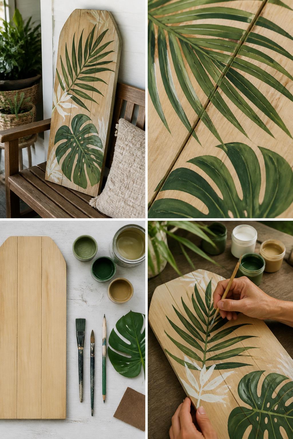 Detailed Image Prompt:
A realistic editorial 2x2 collage grid showing a DIY painted palm leaf wooden summer sign, top-left finished natural wood sign with green palm leaves and monstera-style leaves leaning on a porch bench, top-right close-up of green leaf veins and layered paint details, bottom-left flat lay of wood board, green, white, tan, and dark green paint, brushes, pencil, leaf reference, sandpaper, and sealer, bottom-right cropped hands painting a long palm leaf on wood, tropical summer porch craft setting, no faces, no text, no watermark on images.