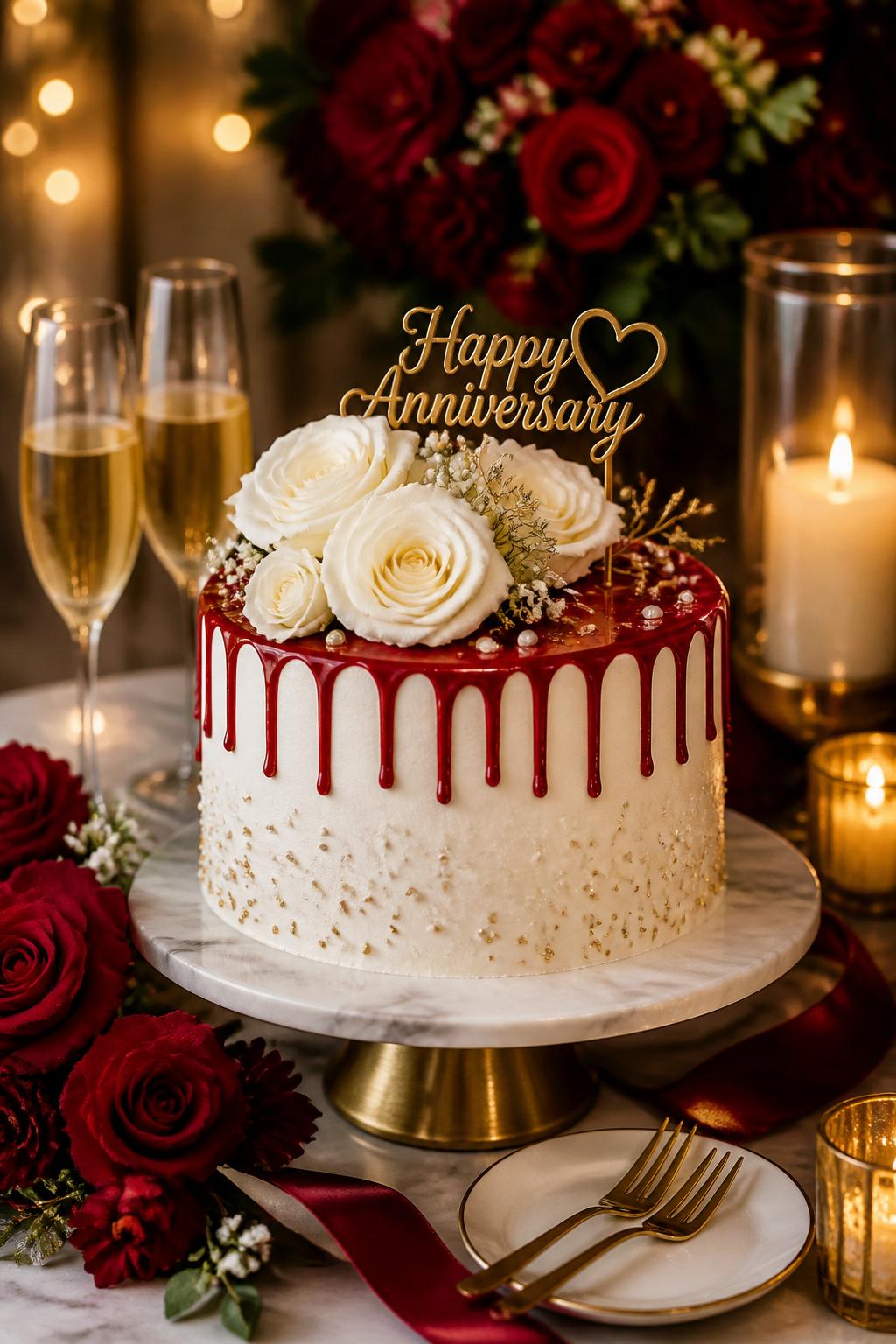 Image Prompt: A modern anniversary cake with smooth white buttercream, a neat red drip, white roses, gold sprinkles, pearl accents, and a small gold anniversary topper. Style it on a polished dessert table with candles, red florals, champagne glasses, and soft warm lighting. Make it festive, romantic, and realistic, no people, no faces, no watermark. (no watermarks on images)