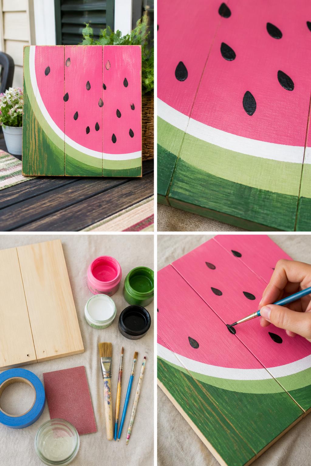 Detailed Image Prompt:
A realistic editorial 2x2 collage grid showing a DIY watermelon wooden summer porch sign, top-left finished square wood sign with a large painted watermelon slice in pink, green, white, and black on a porch table, top-right close-up of black seed details and green rind brushwork, bottom-left flat lay of wood board, pink, green, white, and black outdoor paint, brushes, pencil, painter’s tape, sandpaper, and sealer, bottom-right cropped hands painting small black seeds on the watermelon design, playful summer porch craft scene, no faces, no text, no watermark on images.
