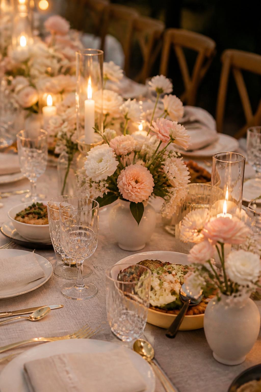 Image Prompt:
A classy family style wedding dinner table with small ceramic vases filled with white, blush, and soft peach flowers, placed between shared serving bowls and platters. Add ivory linen, white plates, clear crystal glasses, gold flatware, and warm candlelight. Romantic indoor or garden reception setting, no visible faces, no text, no watermark, realistic DSLR editorial photography, (no watermarks on images)