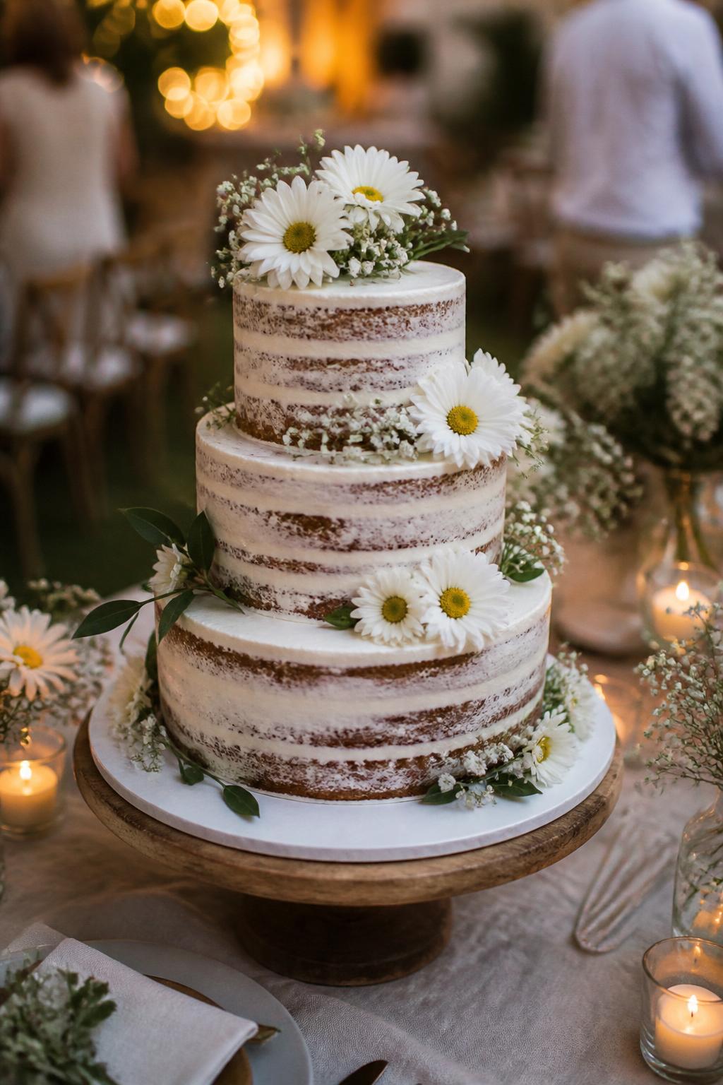 Image Prompt: Ultra-realistic wedding party photo of a semi-naked daisy wedding cake with lightly frosted tiers, visible cake layers, fresh white daisies, baby’s breath, and soft greenery placed naturally around the cake. Place it on a wooden or simple white cake stand at a real wedding reception with candles, linen table styling, daisy centerpieces, and a softly blurred garden or rustic wedding backdrop. Keep the cake as the main focus. No visible faces. If guests appear, show only back views, side views in blur, cropped hands, or neck-down figures. Realistic cake crumb texture, daisy texture, warm DSLR wedding photography. (no watermarks on images)