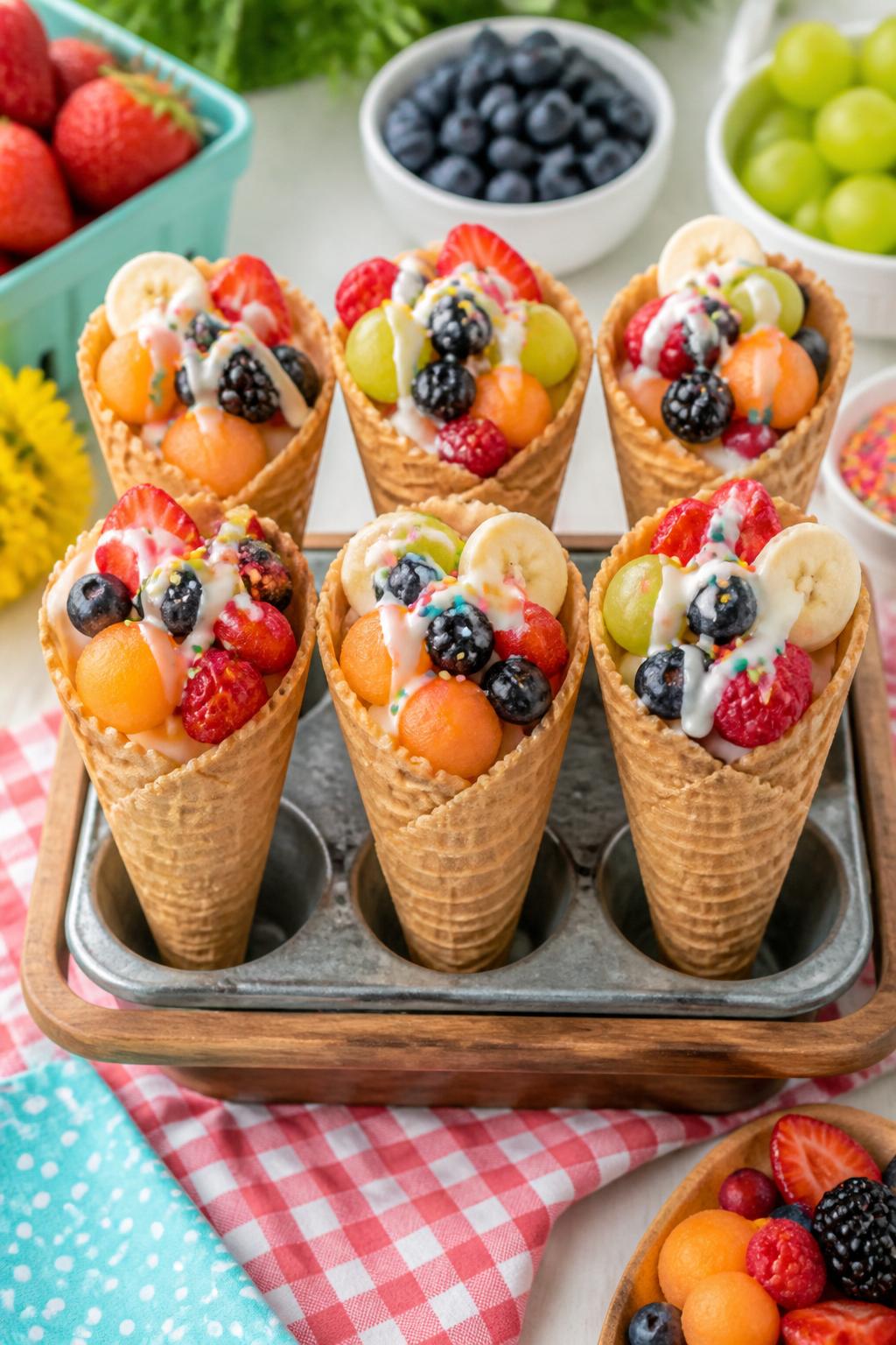 Detailed Image Prompt:
A cute summer food craft photo showing waffle cone fruit cups filled with colorful berries, melon balls, grapes, and banana slices, topped with a small yogurt drizzle and sprinkles, arranged upright in a tray, bright picnic-style kitchen setup, no people, no faces, no readable text, no watermark on images.