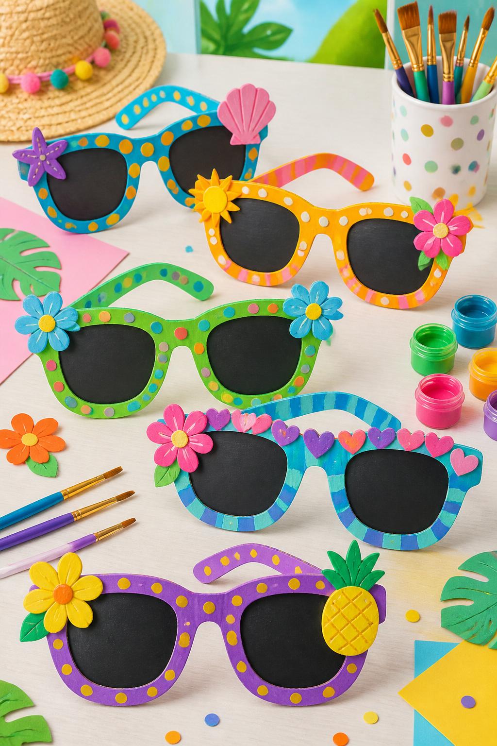 Detailed Image Prompt:
A fun summer kids’ art photo showing oversized cardboard sunglasses decorated with bright paint, paper flowers, stickers, dots, stripes, and glitter-free embellishments, several finished sunglasses displayed on a clean craft table with paints and brushes nearby, playful summer fashion art theme, no people wearing them, no faces, no readable text, no watermark on images.
