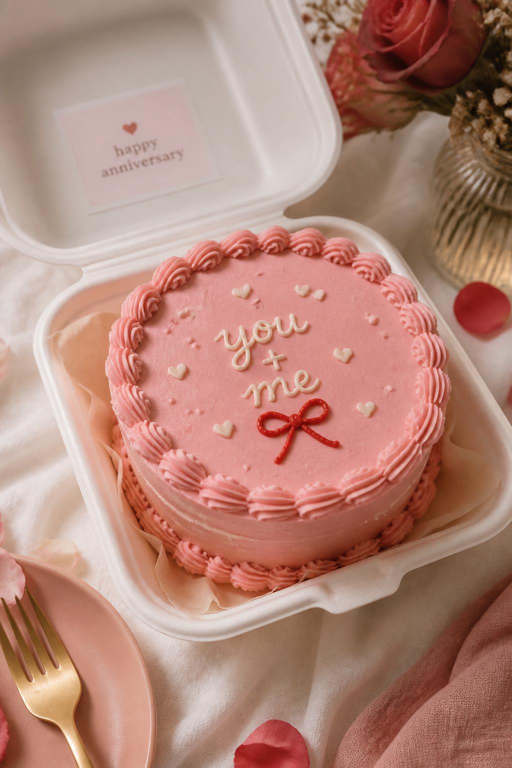 Image Prompt:
A cute romantic anniversary bento cake with soft pink buttercream frosting, neat scalloped border, icing text reading “you + me,” tiny white heart sprinkles, small red buttercream bow detail, placed inside a white bento box, soft romantic table styling, realistic editorial bakery photo, no people, no hands, no faces, no watermarks on images