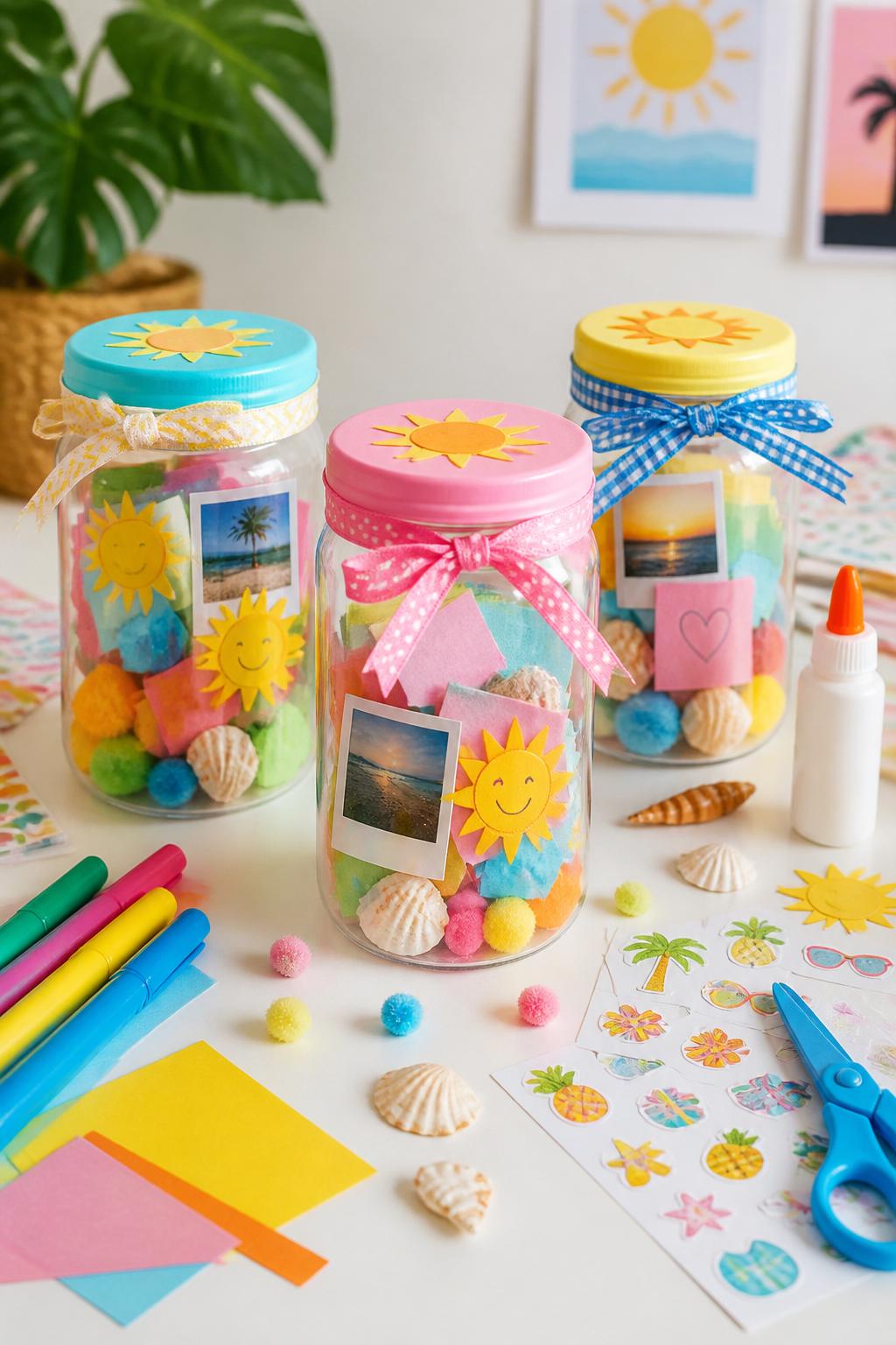 Detailed Image Prompt:
A bright editorial-style kids’ craft photo showing handmade summer memory jars, clear plastic jars filled with tiny paper notes, small shells, colorful pom-poms, paper suns, mini photos, and ribbon around the lid, arranged on a clean white craft table with markers, paper scraps, stickers, and glue nearby, cheerful end-of-summer keepsake style, soft natural daylight, no people, no faces, no readable text, no watermark on images.