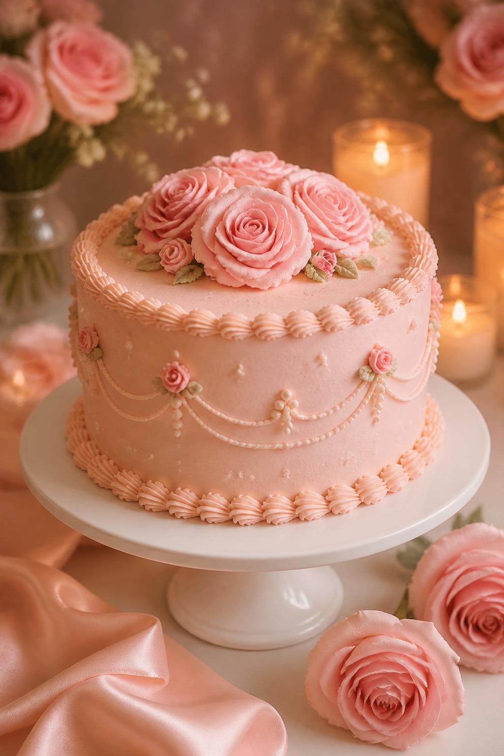Image Prompt: A lovely pink rose anniversary cake with soft blush buttercream, buttercream roses, pearl dots, and delicate piped borders. Place it on a white cake stand with pink roses, satin ribbon, warm candles, and a soft romantic background. Make the cake look feminine, polished, and realistic, no people, no faces, no text overlay, no watermark. (no watermarks on images)