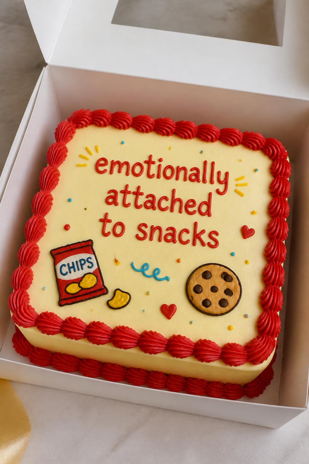 Image Prompt:
A funny snack themed bento cake inside an open white cake box, smooth pale yellow frosting, red piped border, handwritten icing text reading “emotionally attached to snacks,” tiny chip bag and cookie doodles, colorful playful styling, realistic close-up dessert photography, no people, no hands, no faces, no watermarks on images