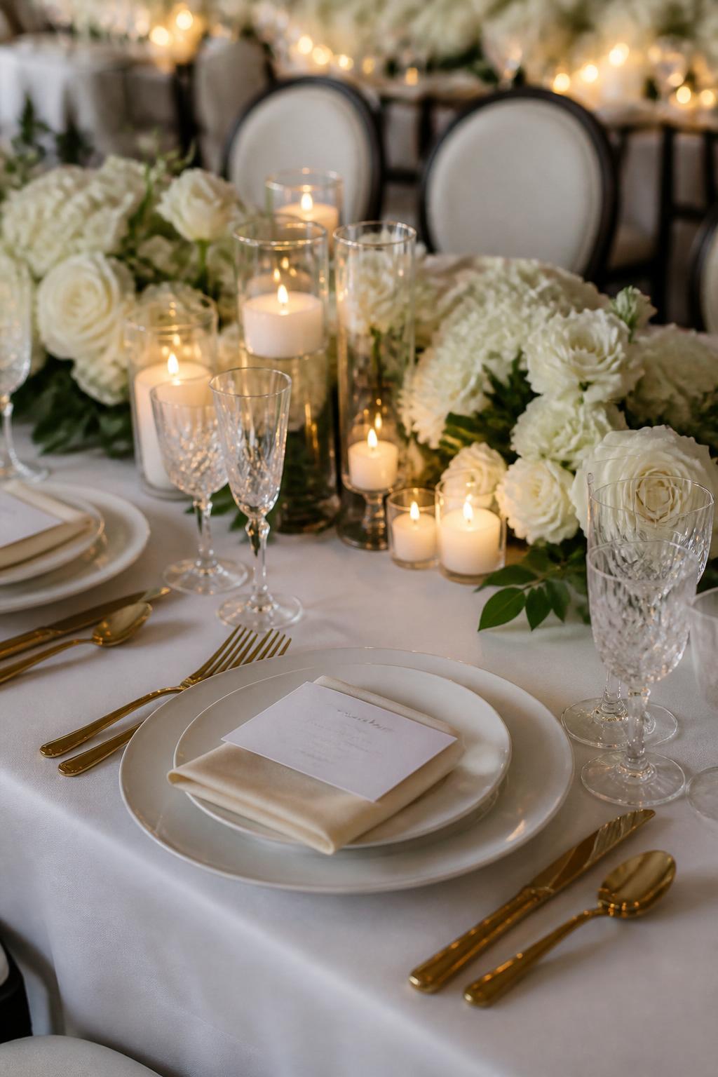Image Prompt:
A refined wedding reception table featuring gold flatware, crisp white linen, low white flowers, white plates, crystal glasses, folded ivory napkins, and soft glowing candles. Elegant modern or classic reception setting, no visible faces, no text, no watermark, realistic DSLR editorial photography, (no watermarks on images)
