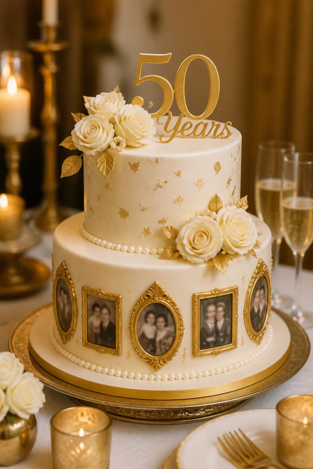 Image Prompt: A grand golden anniversary cake with smooth ivory fondant, edible gold-framed photo details around the lower tier, gold leaf accents, cream roses, pearl borders, and a tasteful “50 Years” topper. Style it on a formal dessert table with gold candles, champagne glasses, white linen, and warm lighting. Make all photo details softly blurred with no clear visible faces, realistic, luxurious, no people, no faces, no watermark. (no watermarks on images)