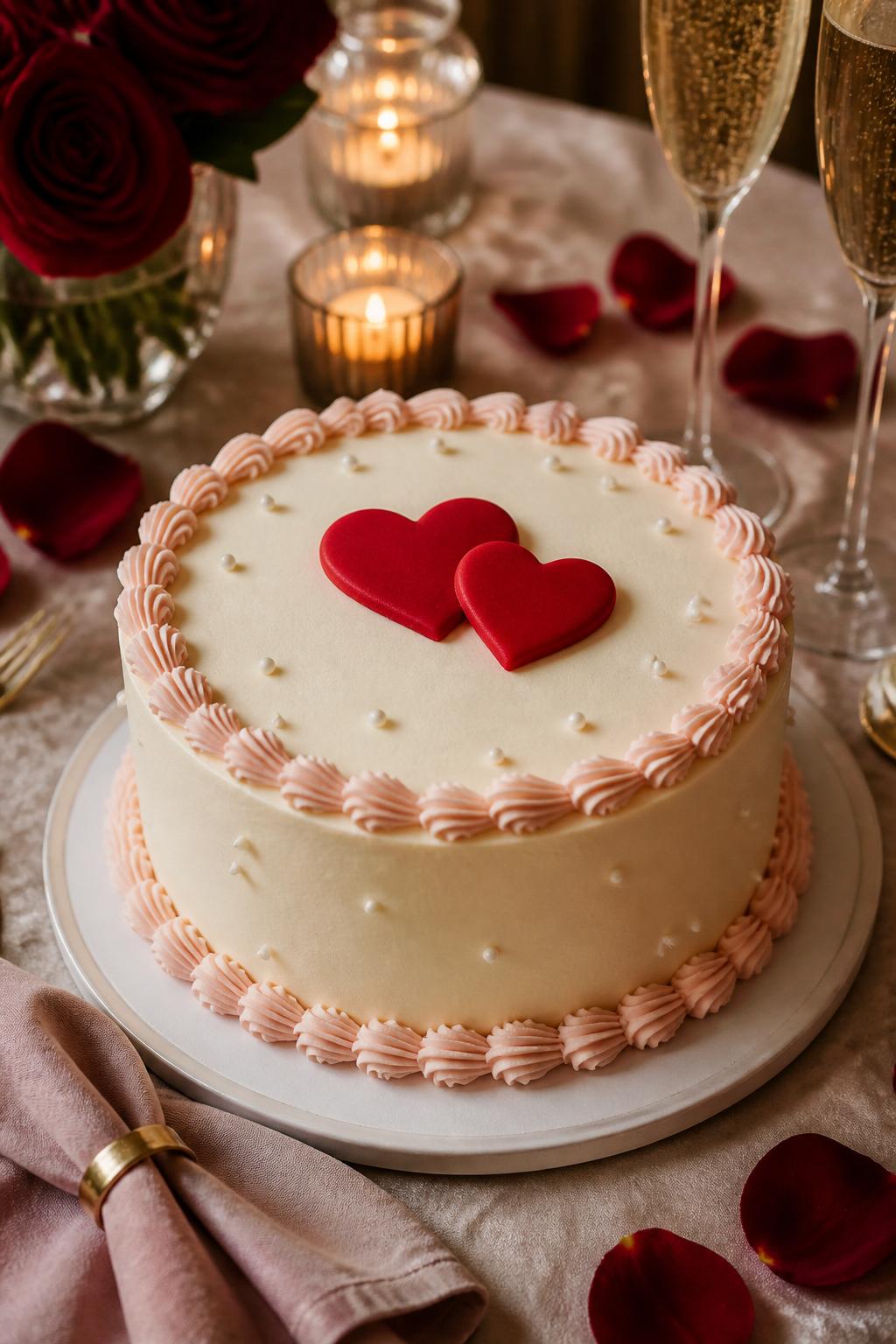 Image Prompt: A cute 2 year anniversary cake with smooth ivory buttercream, two raised red hearts on top, tiny pearl accents, and soft pink piped borders. Style it on a romantic dessert table with rose petals, candles, champagne glasses, and a folded linen napkin. Make it look sweet, polished, and realistic, with editorial food photography, no people, no faces, no text overlay, no watermark. (no watermarks on images)