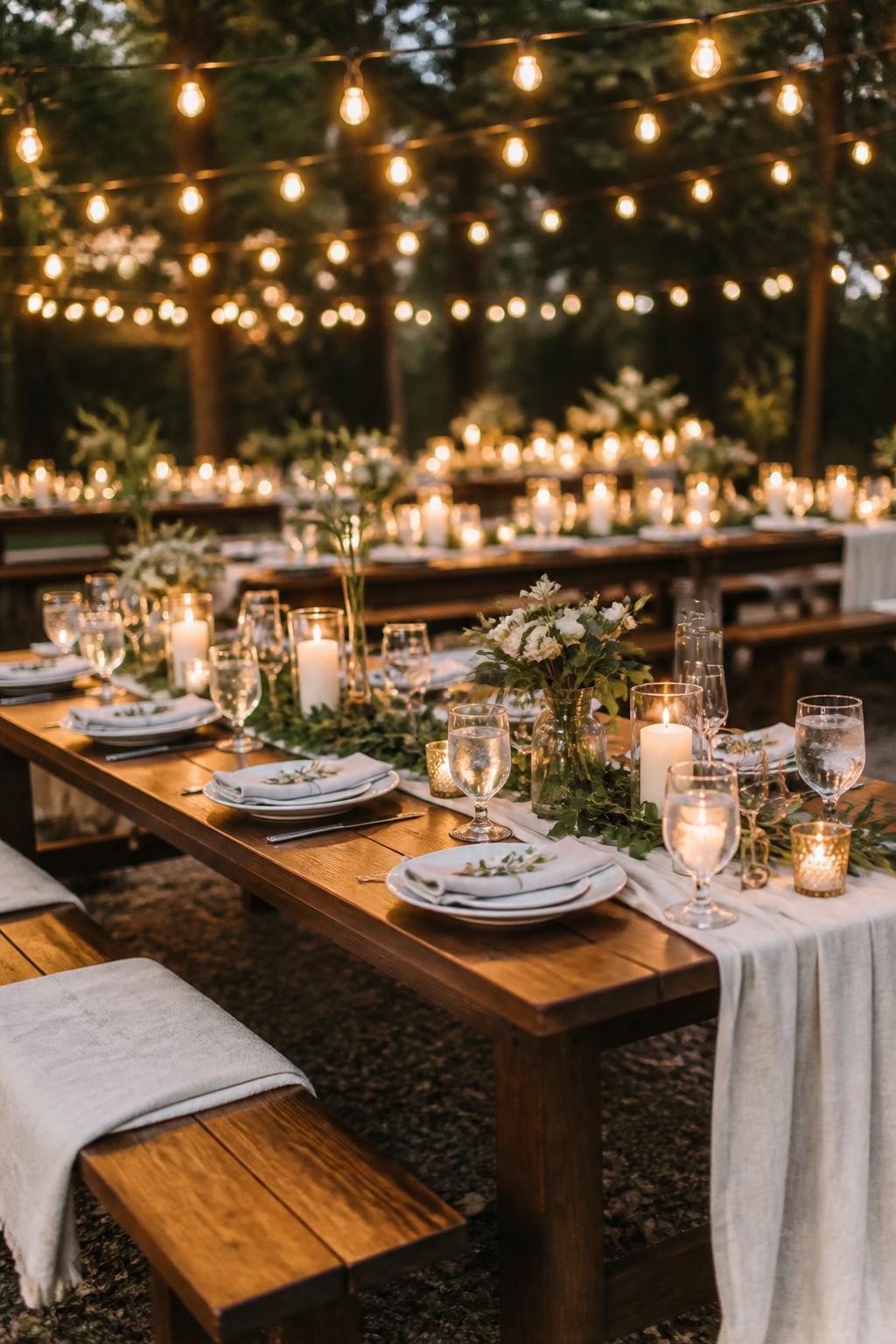 Image Prompt:
A dreamy outdoor wedding reception photo showing wooden picnic tables styled with simple linen runners, candles, flowers, greenery, and elegant place settings beneath warm hanging string lights. The focus is on the decorated tables and glowing lights, no visible faces, no full people, no text, no watermark, realistic DSLR wedding photography, (no watermarks on images)