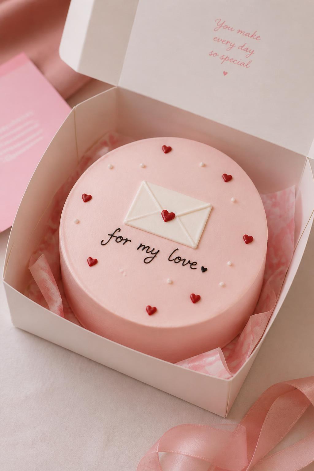 Image Prompt:
A cute love note inspired anniversary bento cake inside an open white cake box, smooth pale pink frosting, small envelope design made with icing, tiny red heart seal, handwritten message reading “for my love,” soft romantic stationery styling, pastel background, realistic bakery photography, no people, no hands, no faces, no watermarks on images