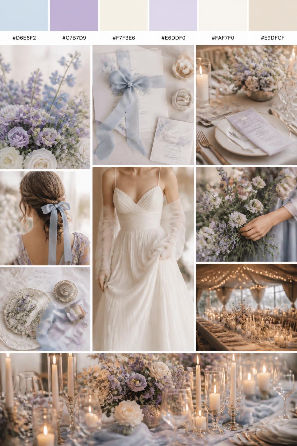 A realistic wedding inspiration mood board with a top strip of swatches and hex codes in light blue, lavender, cream, pale lilac, soft ivory, and warm beige. Below, create a dreamy collage with light blue ribbons, lavender flowers, cream table styling, elegant table settings, silk ribbon stationery, a cropped dress shot from below the chin, hands arranging flowers, and candlelit reception decor. Use a mix of no-people flat lays, bouquet close-ups, back-view styling, and side-angle detail photos with no visible full faces. The mood should feel soft, airy, romantic, and slightly dreamy with realistic DSLR photo quality. 9:16 vertical format. (no watermarks on images)