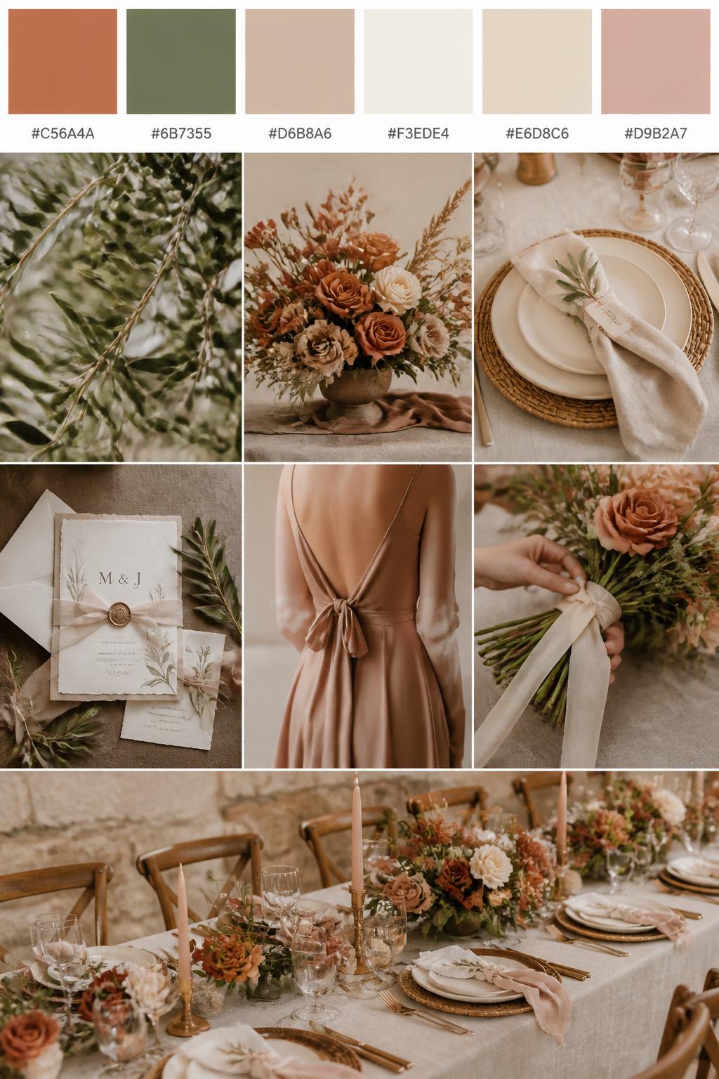 A realistic wedding inspiration mood board with a top row of swatches and small hex codes in soft terracotta, olive green, warm nude, cream, beige, and muted blush. Under the palette strip, show a polished collage of olive branches, terracotta florals, nude-toned linens, natural place settings, elegant paper goods, a cropped bridesmaid dress image from the neck down, hands tying ribbon around a bouquet, and a romantic reception table with earthy floral accents. Use only back views, side views, detail crops, and no-people decor scenes to avoid face issues. DSLR-style realism, 9:16 vertical format. (no watermarks on images)