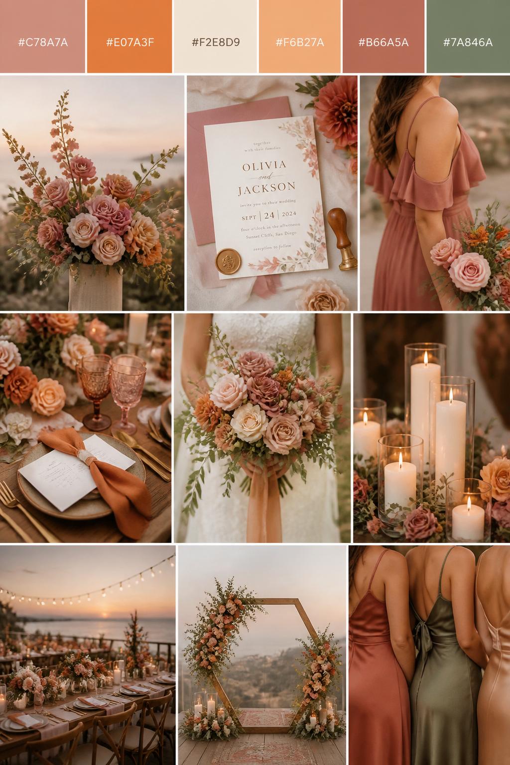 A realistic vertical wedding mood board with a top palette strip showing hex codes in dusty rose, sunset orange, cream, warm apricot, muted clay, and soft olive. Below the swatches, show a romantic collage of dusty rose and orange florals, cream candles, sunset-toned table settings, invitation styling, a bouquet held in front of the body with no face visible, cropped bridesmaid dress details, and warm ceremony decor. Use varied no-face compositions such as side views, back views, hand-held bouquet close-ups, and no-people tablescape shots. DSLR realism, Pinterest-style collage layout, 9:16 vertical format. (no watermarks on images)