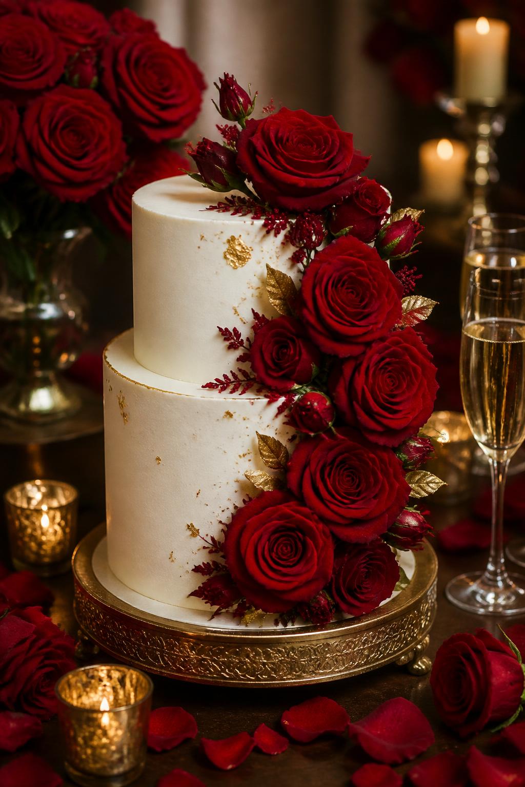 Image Prompt: A romantic red rose anniversary cake with smooth white buttercream, deep red roses cascading down one side, and small gold accents. Style it on a classic dessert table with red rose petals, candles, and champagne glasses. Make it look rich, romantic, and timeless, with realistic floral texture, no people, no faces, no text overlay, no watermark. (no watermarks on images)