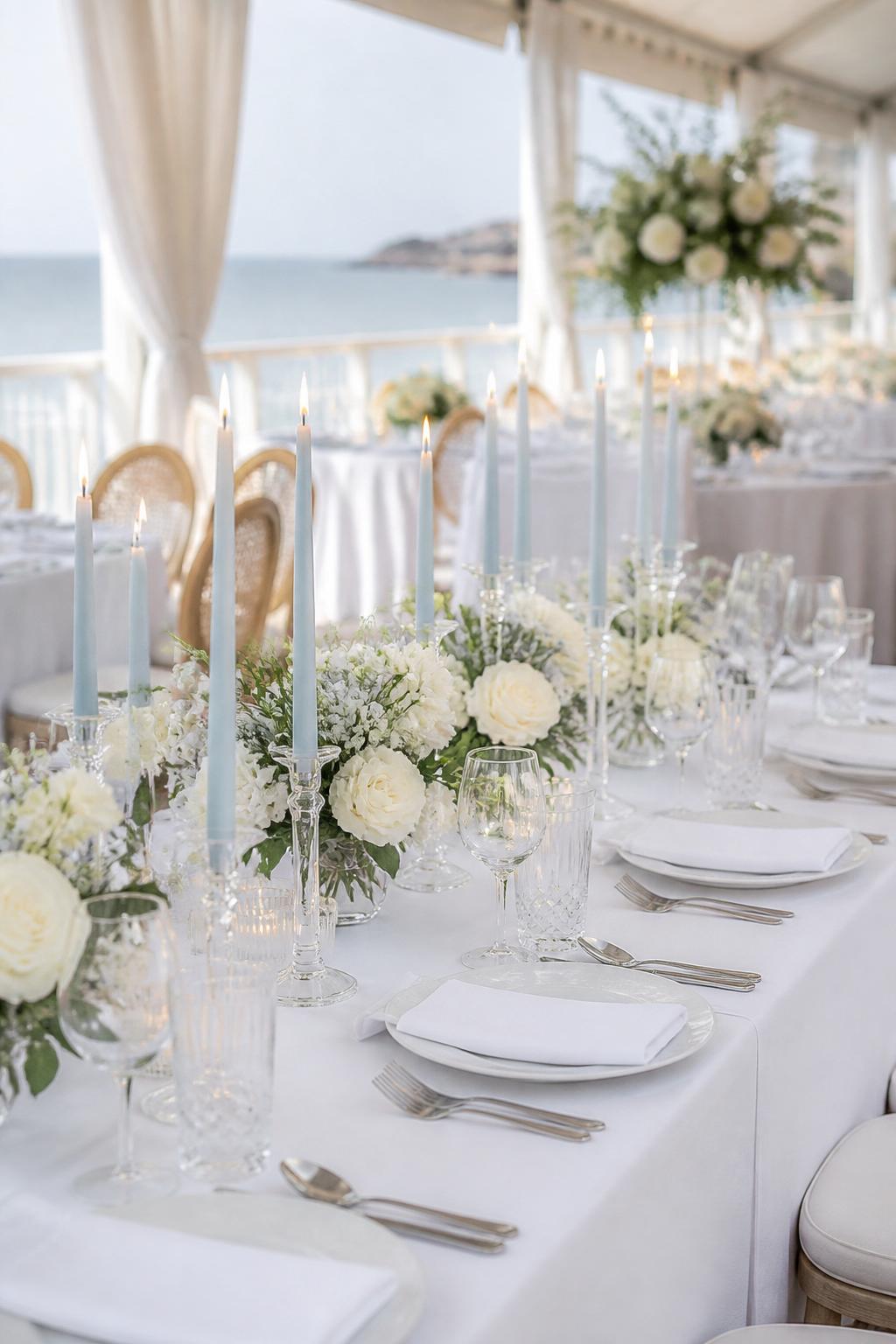 Image Prompt:
A romantic coastal wedding reception table styled with pale blue taper candles, crisp white linen, white floral arrangements, clear crystal glasses, white plates, polished flatware, and soft natural light. Airy beach house or tented seaside venue, no visible faces, no text, no watermark, realistic editorial wedding photography, (no watermarks on images)