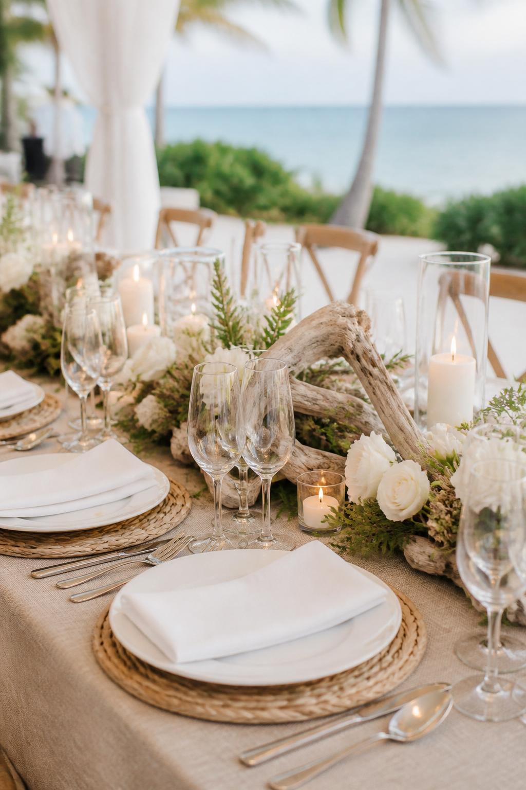Image Prompt:
A refined coastal wedding table image showing tasteful driftwood accents styled with white flowers, soft greenery, ivory candles in glass holders, white plates, clear glassware, and natural linen. The setting is a bright seaside wedding reception with an elegant beach-inspired mood, no visible faces, no text, no watermark, realistic DSLR editorial photography, (no watermarks on images)
