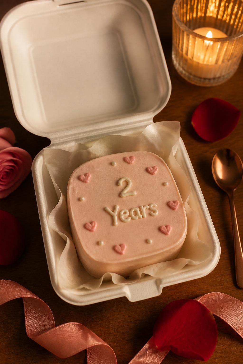 Image Prompt: A cute mini bento 2 year anniversary cake inside an open white cake box, decorated with smooth blush buttercream, tiny piped hearts, pearl dots, and a small “2 Years” message on top. Style it on a cozy table with rose petals, a small spoon, ribbon, and candlelight. Make it realistic, intimate, and giftable, no people, no faces, no watermark. (no watermarks on images)