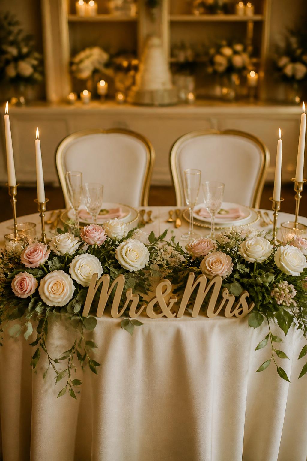 Image Prompt:
A professional editorial wedding reception photo showing a romantic sweetheart table with a classic “Mr and Mrs” sign placed at the front of the table. Style the table with ivory linen, soft blush and white flowers, greenery, taper candles, gold flatware, crystal glasses, and elegant chairs. The setting is a refined wedding reception room with warm lighting, no visible faces, no full people, table-focused composition, realistic DSLR wedding photography, no watermark.