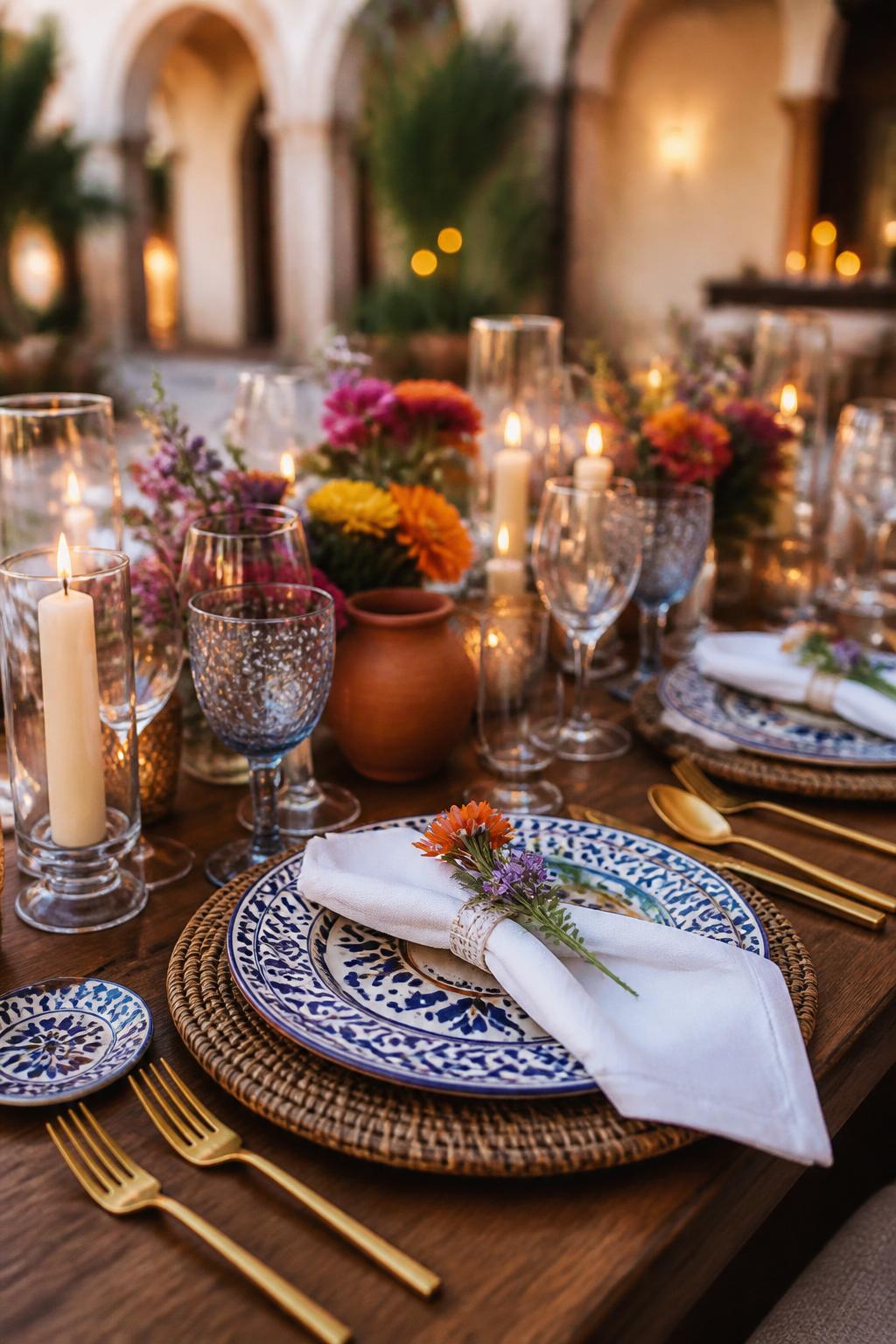 Image Prompt:
A close editorial wedding table photo focused on modern Mexican place settings with blue and white Talavera tile-inspired patterned plates, folded white linen napkins, gold flatware, clear glassware, small colorful floral sprigs, and warm candlelight. The table is styled in a courtyard or hacienda wedding reception, no visible faces, no text, no watermark, professional DSLR wedding photography.