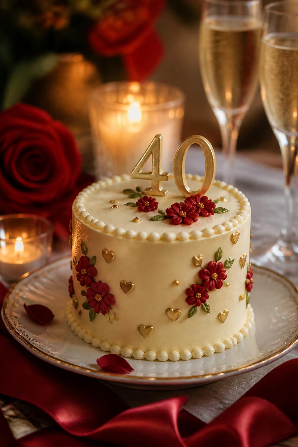 Image Prompt: A small ruby wedding anniversary mini cake with smooth ivory buttercream, tiny ruby red buttercream flowers, pearl borders, gold heart accents, and a small “40” topper. Place it on a dessert plate with candles, red roses, satin ribbon, and champagne glasses softly blurred in the background. Make it intimate, pretty, and realistic, no people, no faces, no watermark. (no watermarks on images)