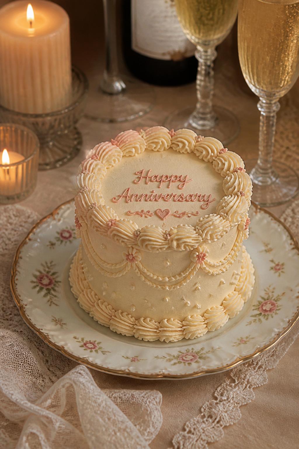 Image Prompt: A vintage-style anniversary mini cake with ivory buttercream, detailed Lambeth piping, tiny pearl dots, soft blush accents, and a small piped anniversary message on top. Style it on a vintage dessert plate with lace linen, candles, and champagne glasses. Make it charming, romantic, and realistic, no people, no faces, no watermark. (no watermarks on images)