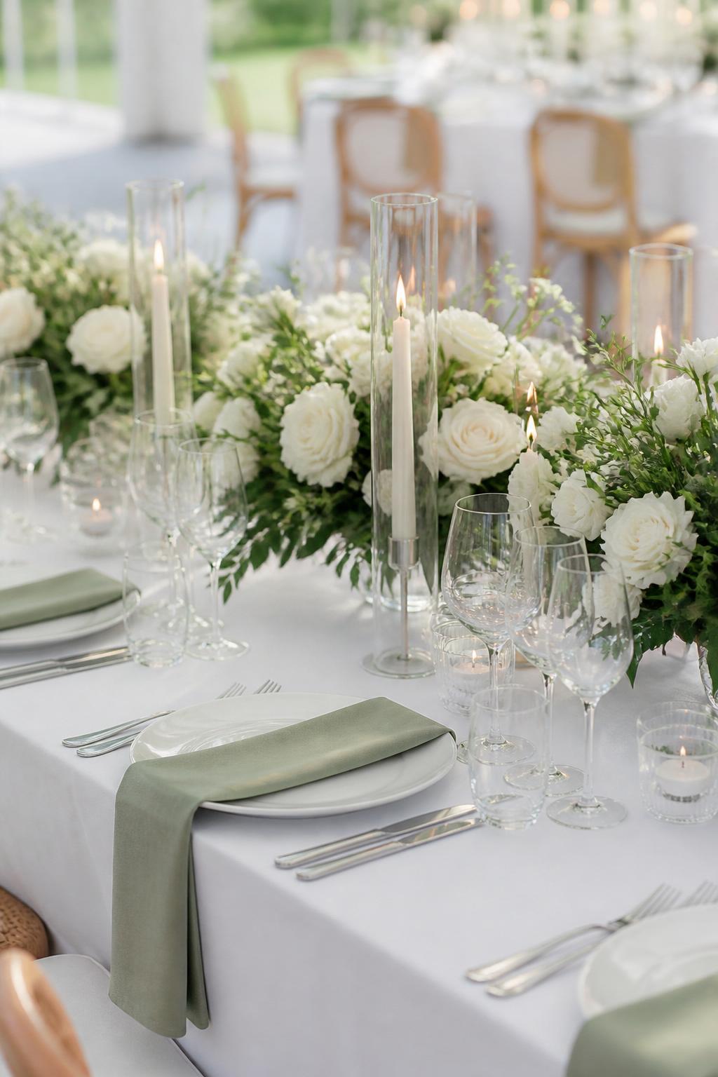 Image Prompt:
A stylish wedding table image showing crisp white linen, soft sage or fresh green linen napkins, white floral centerpieces, clear glassware, white plates, polished flatware, and ivory taper candles. Elegant reception setting with soft natural light, no visible faces, no text, no watermark, professional DSLR wedding photography, (no watermarks on images)