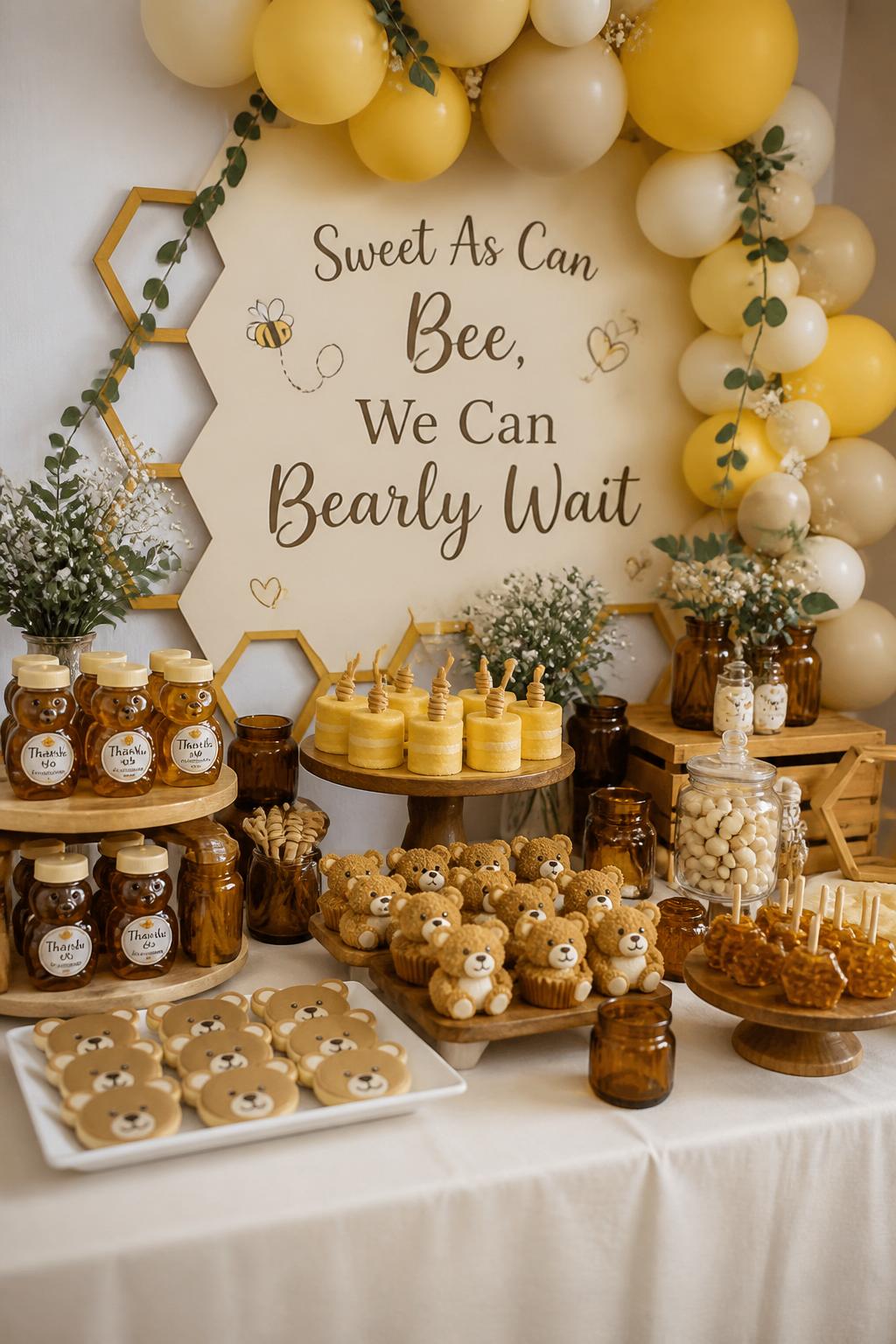 Image Prompt:
A realistic single-image “We Can Bearly Wait” baby shower dessert table inspired by honey bears, cream tablecloth, honey jar favors, teddy bear cupcakes, mini honey cakes, bear-shaped cookies, amber glass jars, soft yellow and beige balloon garland, small wooden honey dipper props, sign reading “Sweet As Can Bee, We Can Bearly Wait,” no people, no faces, warm indoor party setup, editorial dessert table photography, realistic bakery details, no watermarks on images
